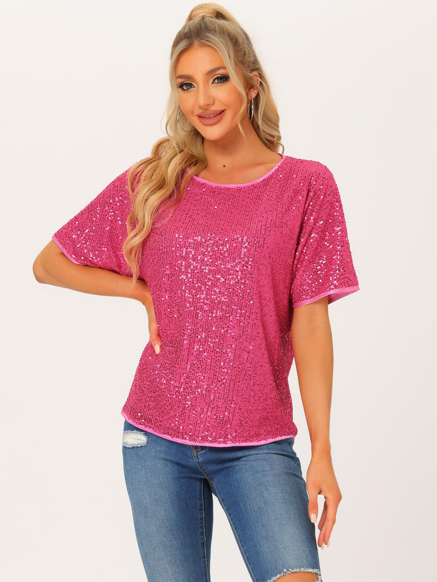 Allegra K Damen Festliches Oberteil Pailletten Oberteile Kurzarm Rund Halsausschnitt Party Glitzer Top