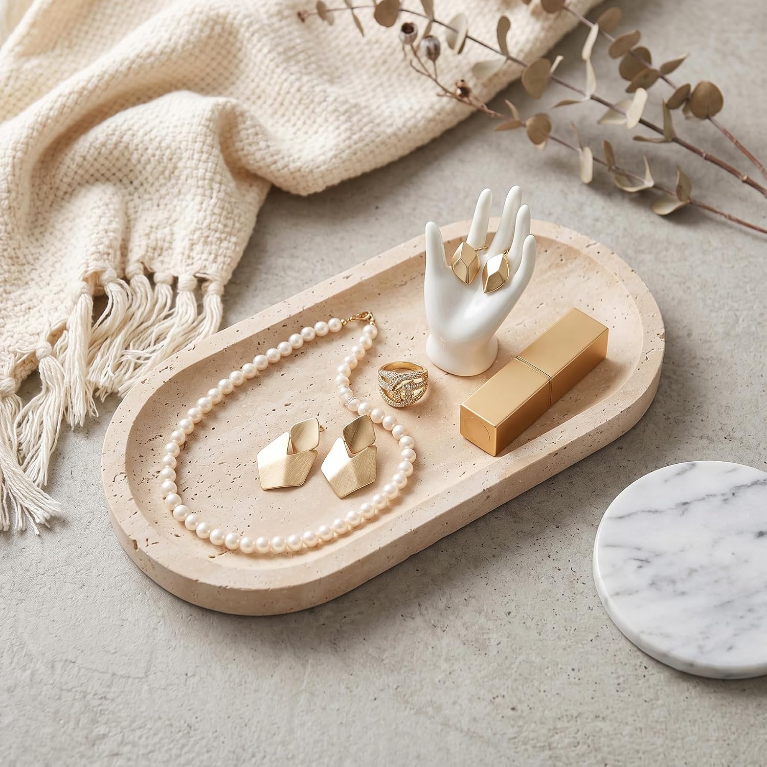 Travertine Tray, 9.8" x 4.7" Vanity Decorative Tray for Bathroom Counter