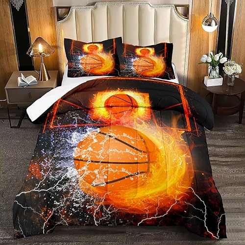 Miniatura 3 de Juego de ropa de cama de baloncesto de tamaño matrimonial, edredón de microfibra suave + 2 fundas de almohada, estampado de fuego para decoración de