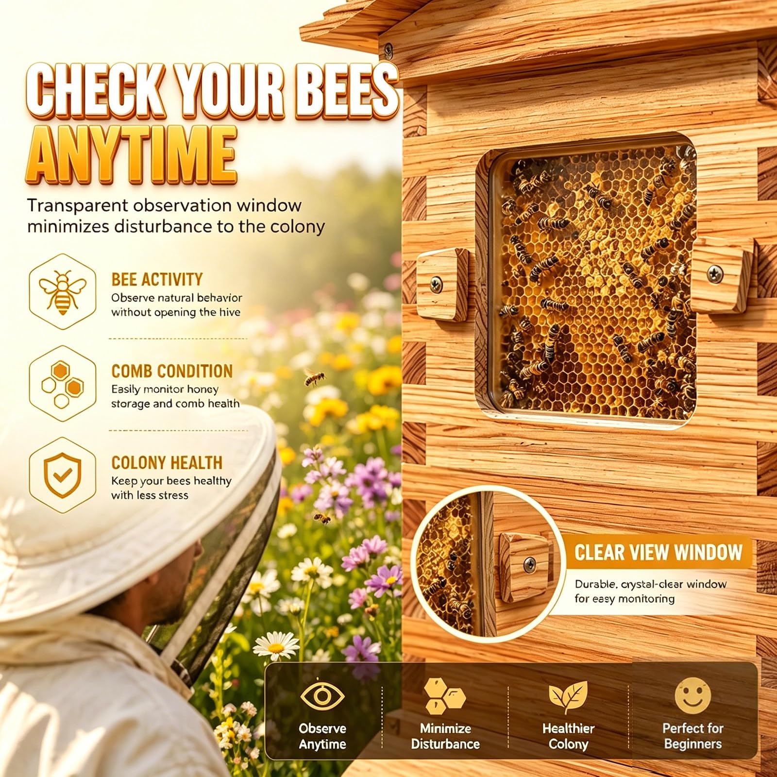 Kit Completo de Colmena de Abejas autofluyente, Modelo Mejorado, Incluye 4 Marcos y 6 bandejas de Panal. para Principiantes en Apicultura doméstica, con Ventana de observación