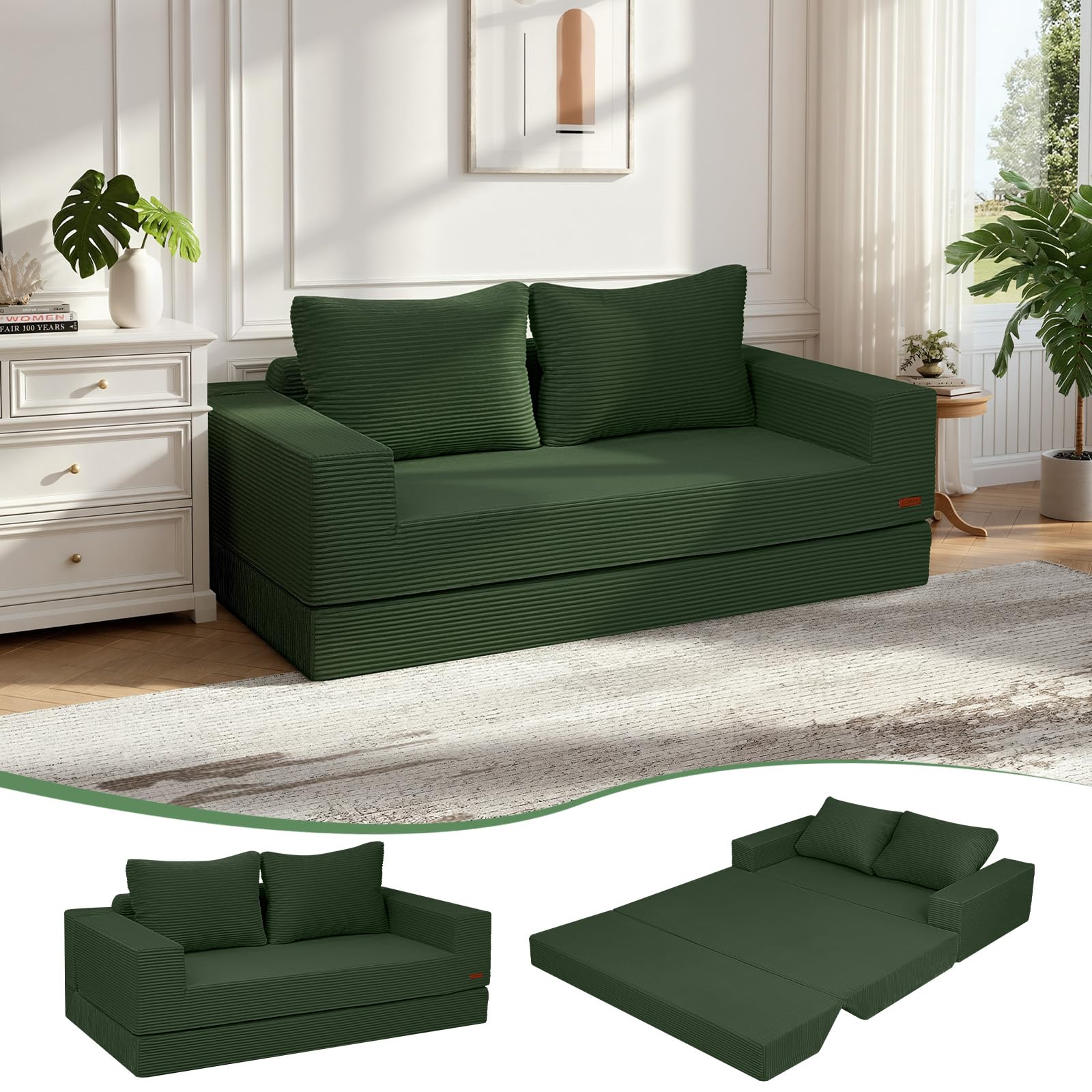 MeMoreCool Convertible Sofa Bed, Corduroy Folding Floor Couch, Green