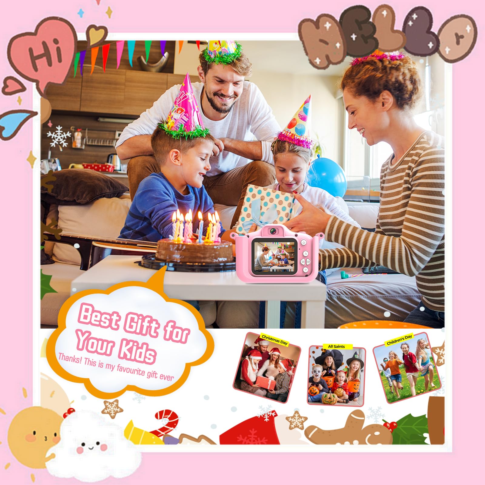 Macchina Fotografica Bambini, Schermo HD 1080P, Mini Ricaricabile Fotocamera Digitale con scheda TF da 32 GB, lettore di schede USB, Regali di compleanno e di Natale per Bambine dai 3 ai 12 Anni