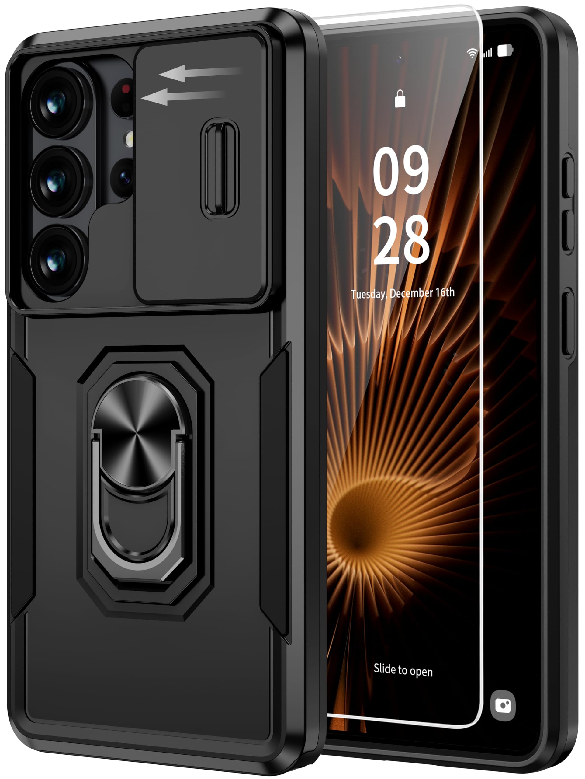 for Samsung Galaxy S26 Ultra Case, Slide Camera Cover & Rotatable Kickstand, [9H Screen Protector] Military Grade Shockproof Protective Heavy Duty Phone Case for S26 Ultra 6.9” - Black