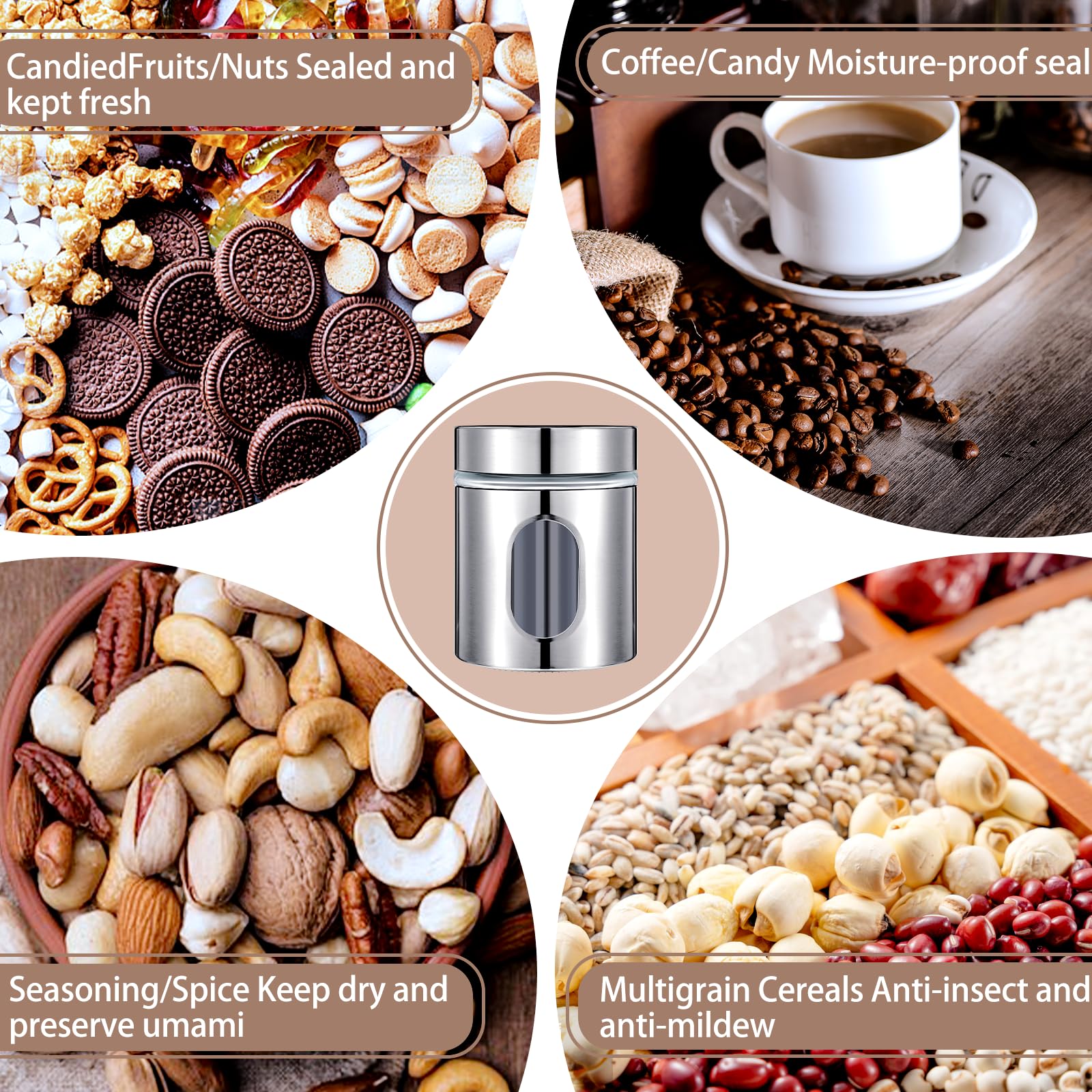 4-teiliges Küchendosen-Set, Edelstahl, Glasdosen, luftdicht, für Kaffee, Zucker, Tee, Süßigkeiten, Lebensmittelbehälter mit Deckel, für Mehl, Kekse, Gewürze, Körner, Küche, Backen, Heimdekoration