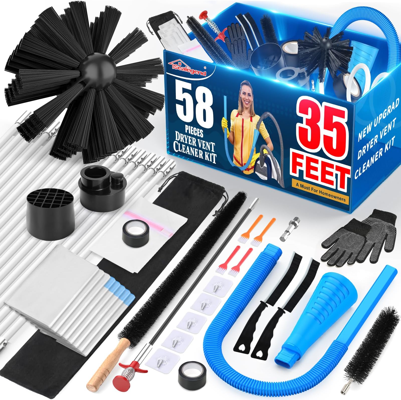 58-Pieces 35-Feet Dryer Vent Cleaner Kit, Dryer Cleaning Tools, Include Omnidirectional Blue Dryer Lint Vacuum Attachment, Dryer Vent Brush, Universal Vacuum & Dryer Adapters