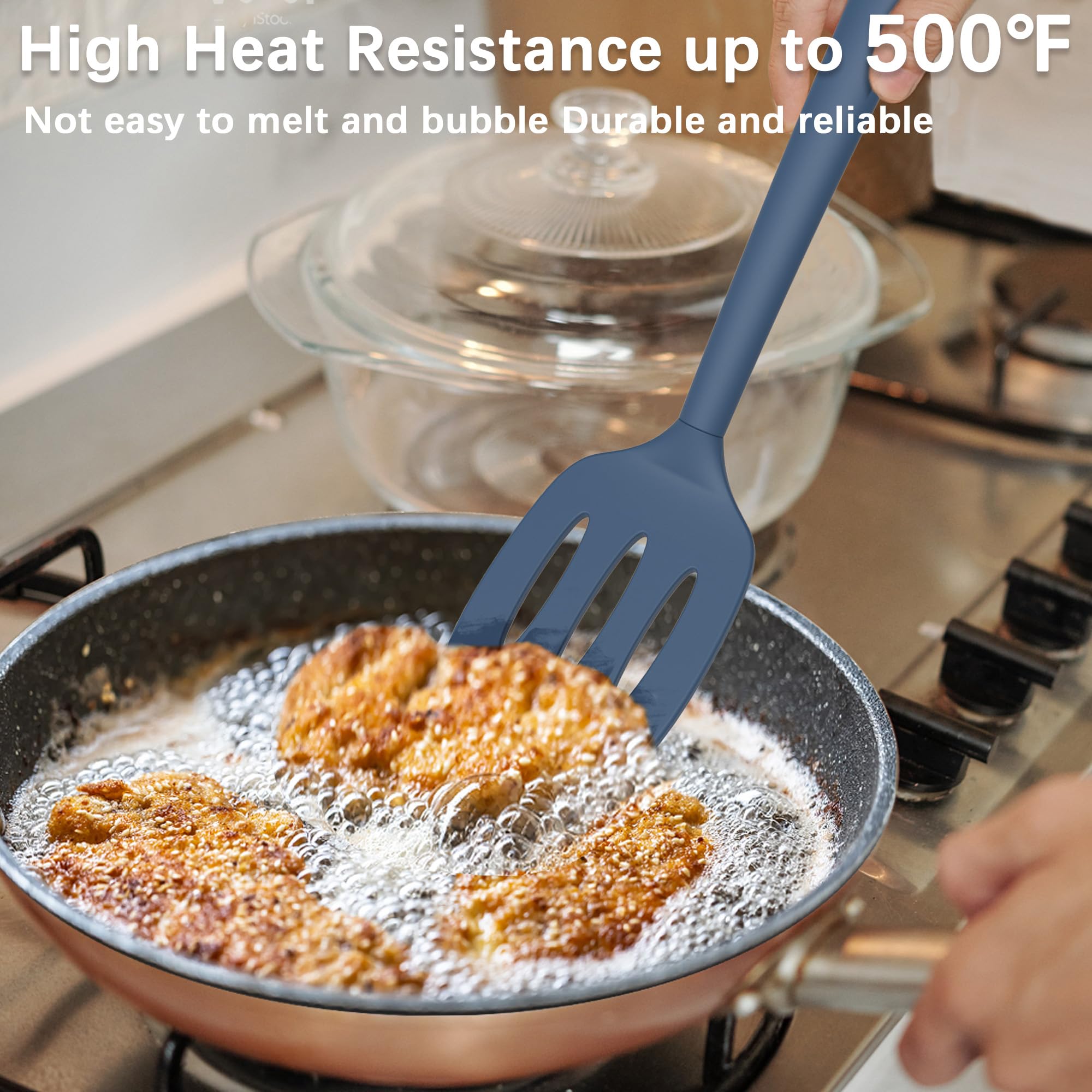 Juego de 2 espátulas de silicona, espátula de cocina resistente al calor, espátula sólida y ranurada para utensilios de cocina antiadherentes y cocina (2, azul oscuro)