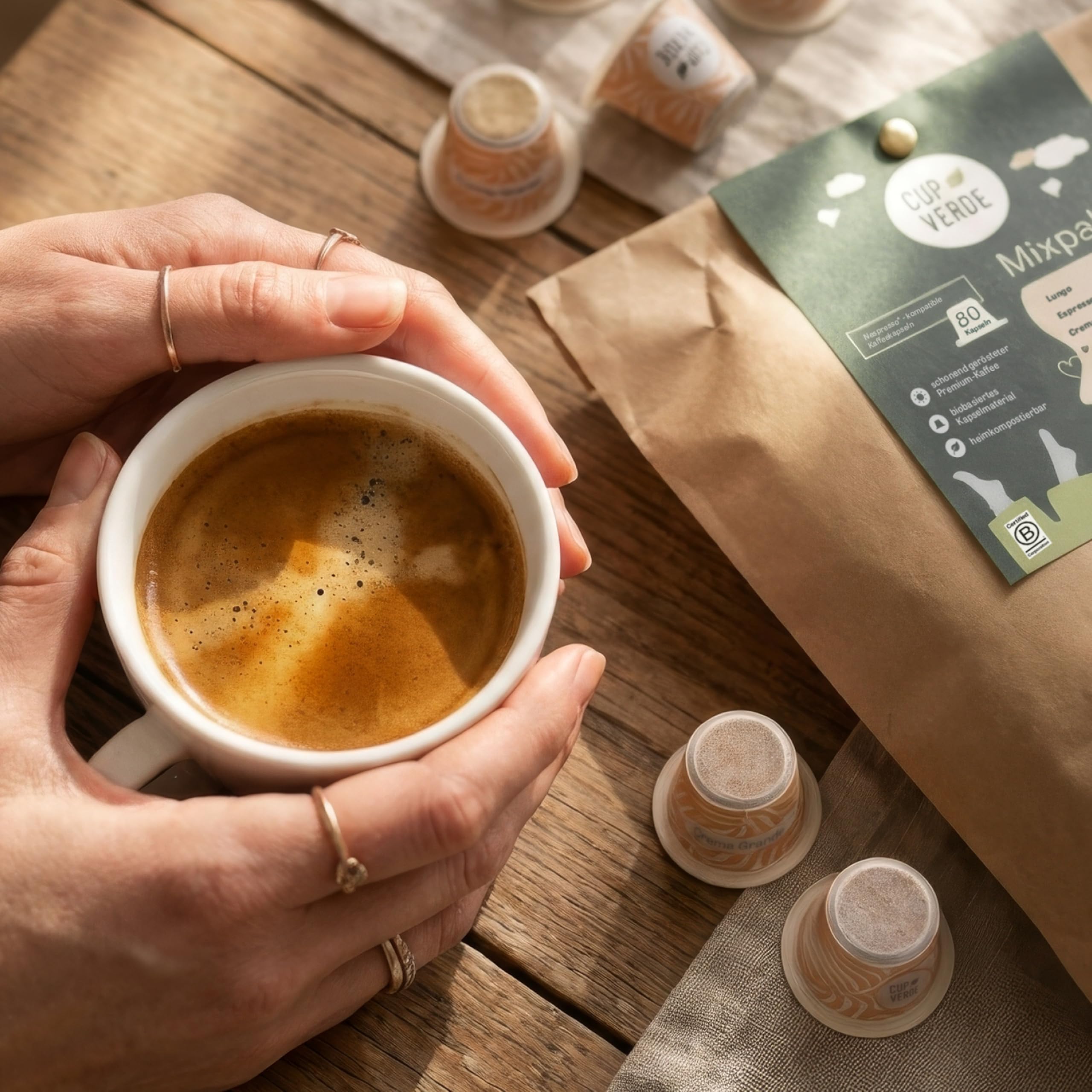 CUP VERDE Mixpaket 80 Kaffeekapseln kompatibel mit Nespresso® 3 Sorten: Crema Grande, Lungo & Espresso Forte – Heimkompostierbar – 100% Arabica aus schonender Trommelröstung