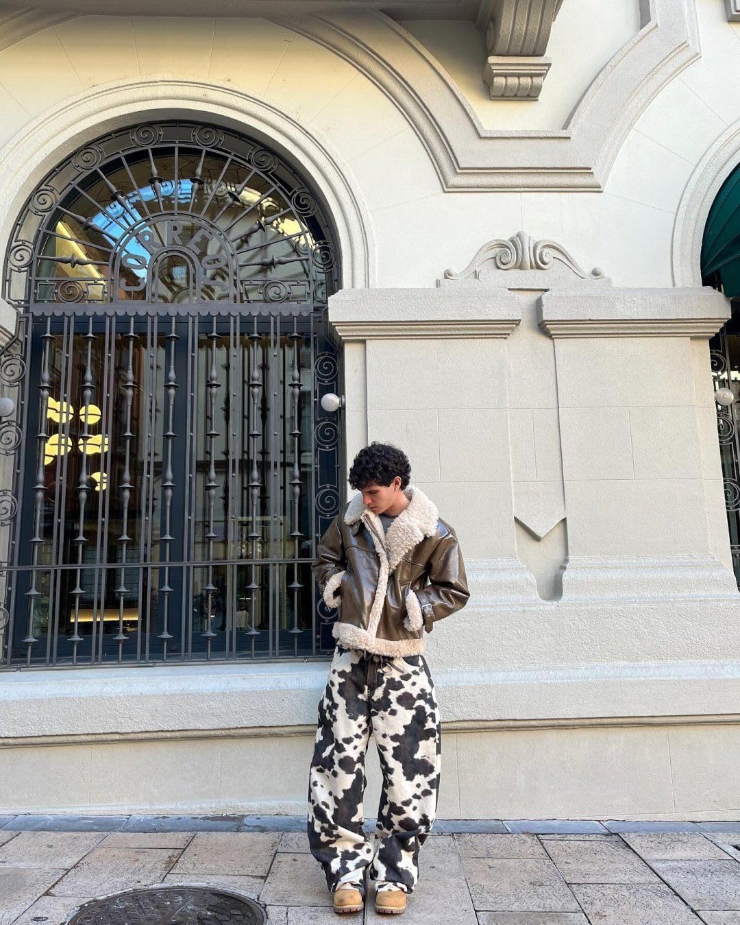 heyheyshine Cow Print Pants for Men Women Wide Leg Jeans Y2K Straps with Drawstring Streetwear Baggy Trouser with Pockets