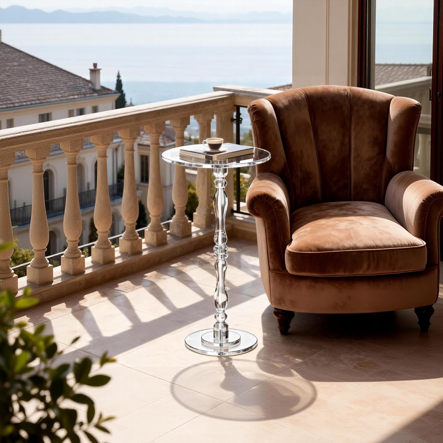 Acrylic Side Table, Classic Roman Column Pedestal End Table for Living Room, Bedroom,Balcony，Easy Assembly (Clear, Large)