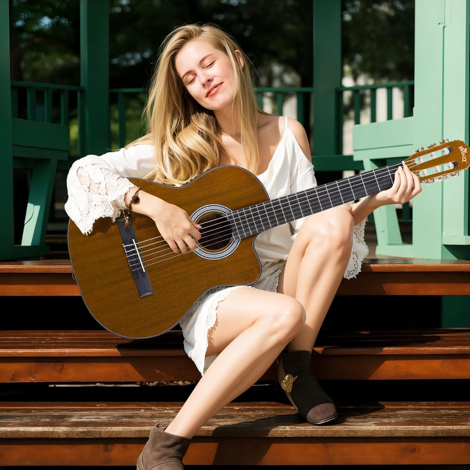 WINZZ AC309CE 39 Inches Cutaway Nylon-string Classical Electric Guitar Build-in Pickup Kit Set Online Lessons, Glossy Tan