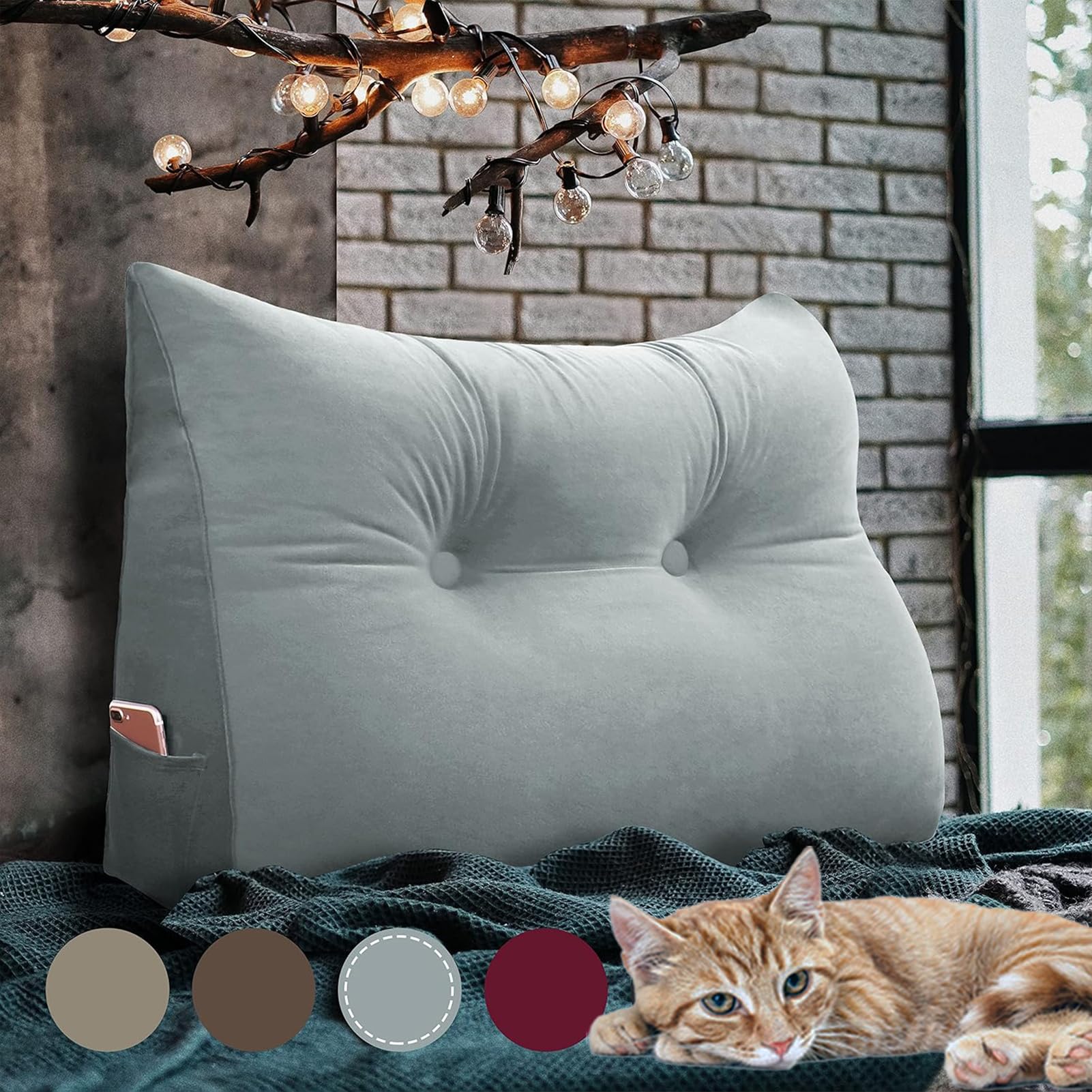 Coussin de lecture triangulaire gris 60cm pour dossier de canapé et lit