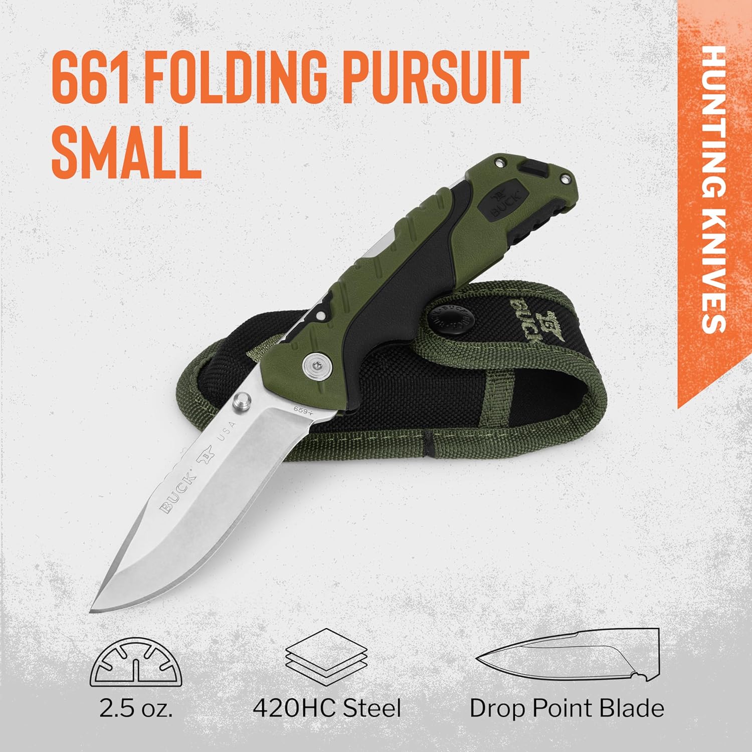 Buck Knives 661 Small Folding Pursuit Hunting Knife, 3" Blade, Glass Filled Nylon Handle, 420HC Stainless Steel Drop Point Blade, Sheath Included, Knife Made in the USA, Green, 2.5 oz