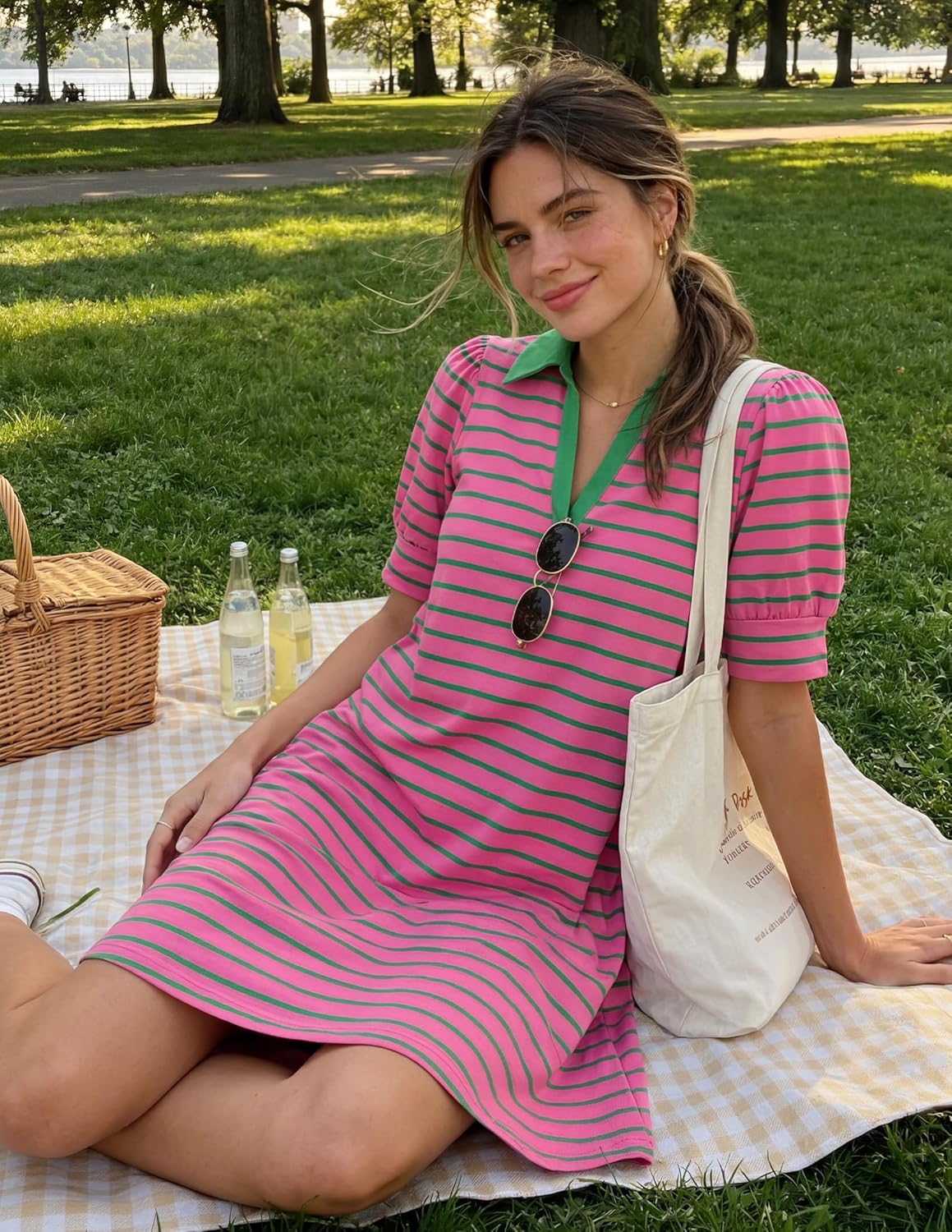 ZESICA Womens Summer Striped T Shirt Mini Dresses 2026 Casual Lapel V Neck Short Sleeve Flowy A Line Beach Vacation Dress