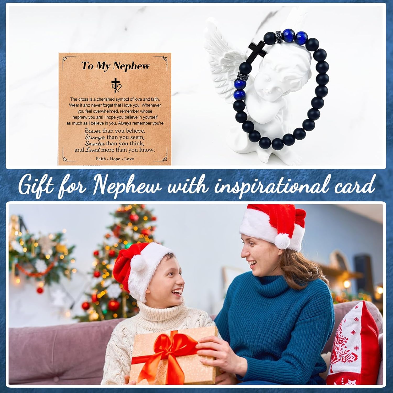 Cross Bracelet Gifts for Men Him Son Grandson Nephew Brother Friend Tiger Eye Natural Stone Bracelet Christmas Easter Baptism Graduation Gift - Image 2