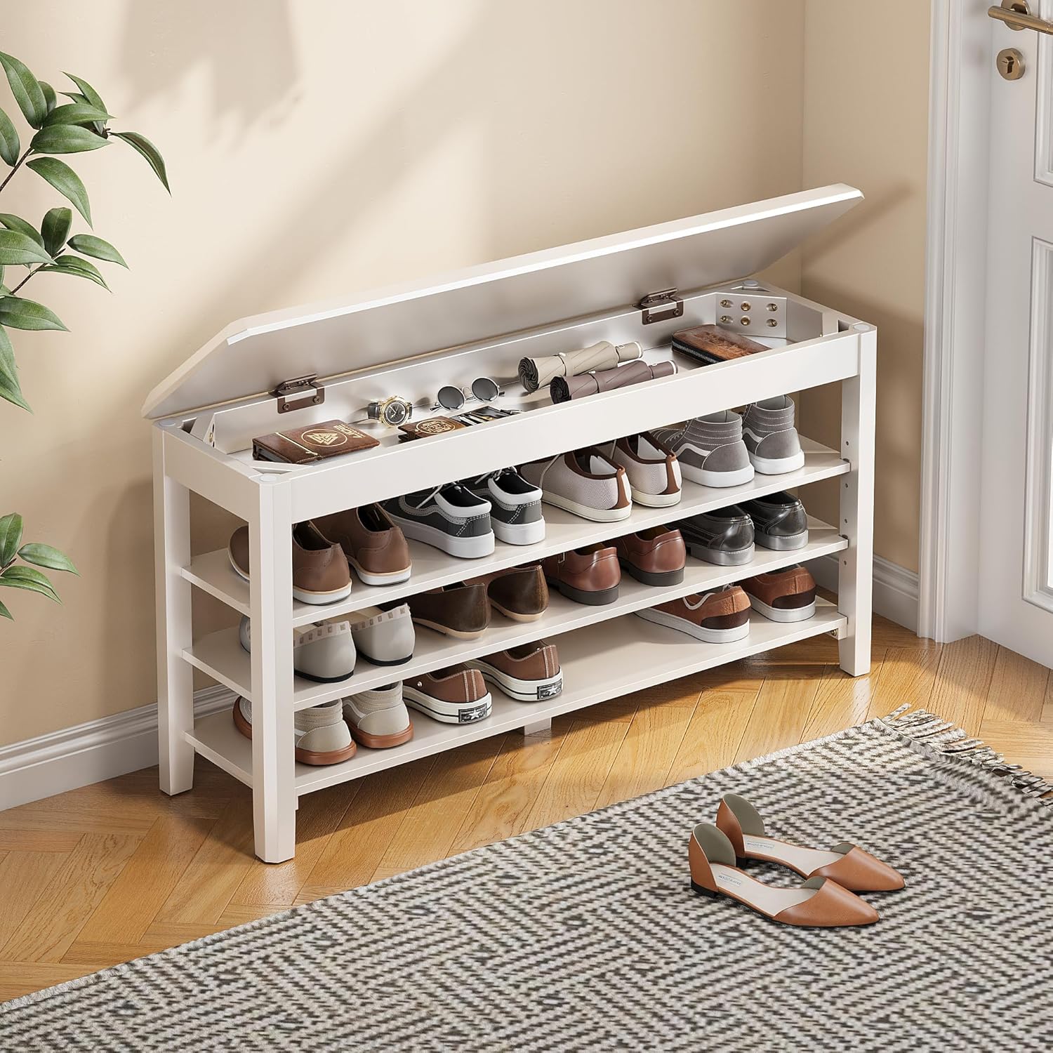 shoe rack bench seat rubberwood 3-tier wooden storage bench 550lbs compact mid-century modern design for entryway, hallway, closet, front door entrance, foyer white-3 tier(wood) 39.4"w x 11.8"d x 20.5"h