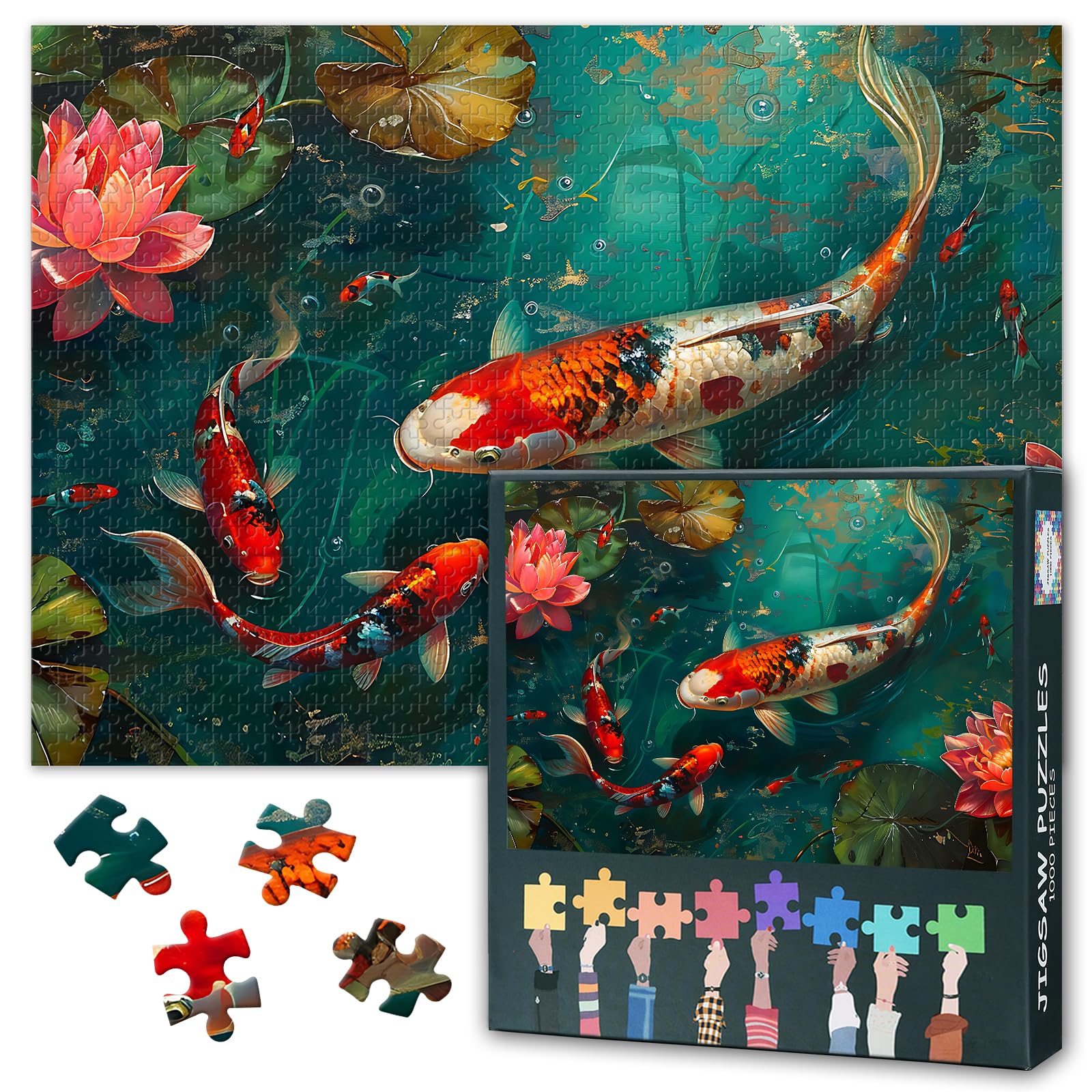 Blooming Lotus Flowers Puzzles for Adults 1000 Pieces, Koi Fish Swimming Jigsaw Puzzles, Adult Puzzle for Adults, Educational Fun Games or Toys for Elders Friends 20X27 INCH