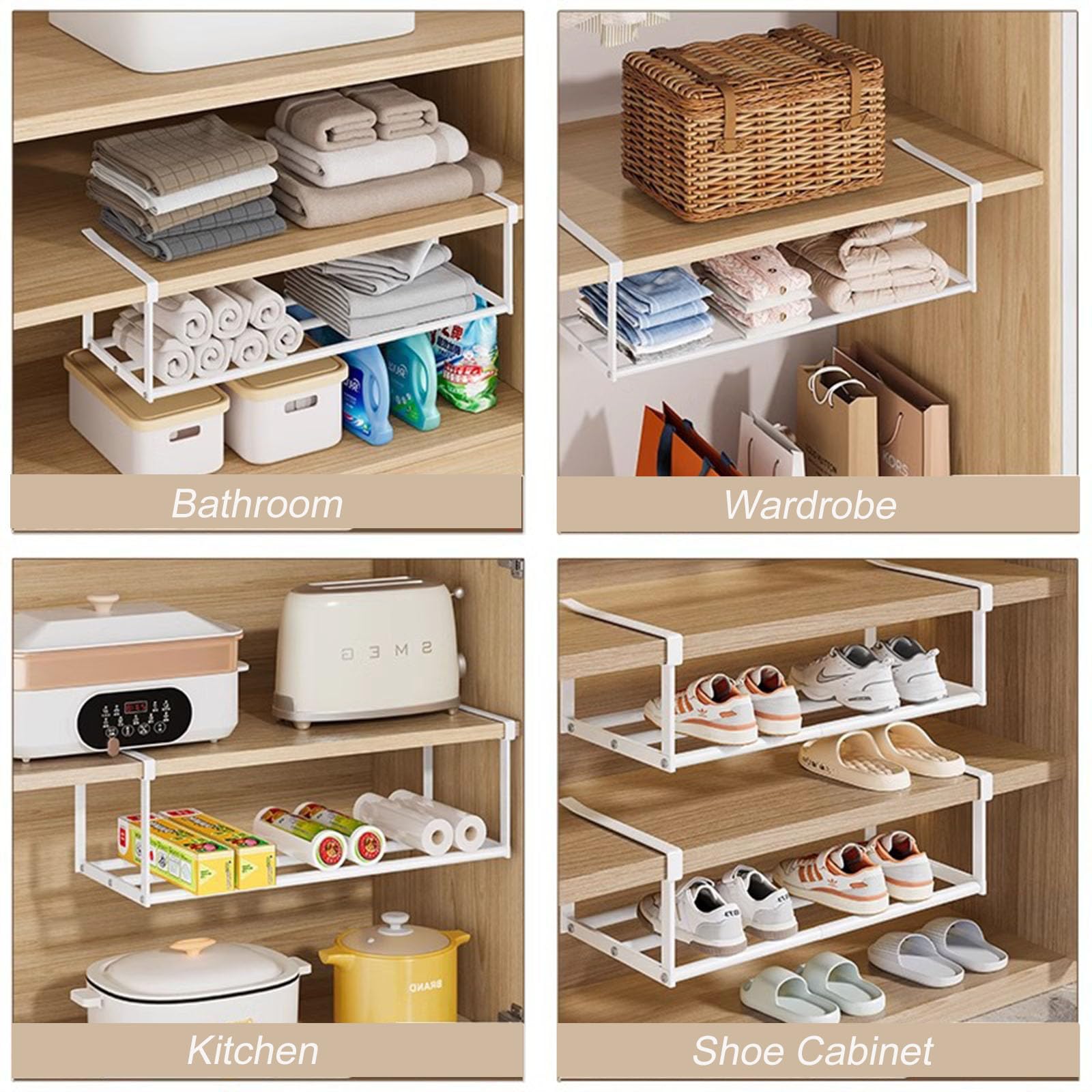 ViWaVee Wiszący regał na buty, organizer w szafie, możliwość rozszerzenia 40-70 cm, organizer pod szafkę – idealny do przechowywania i organizacji w kuchni lub na ubrania (biały, 1 szt.)