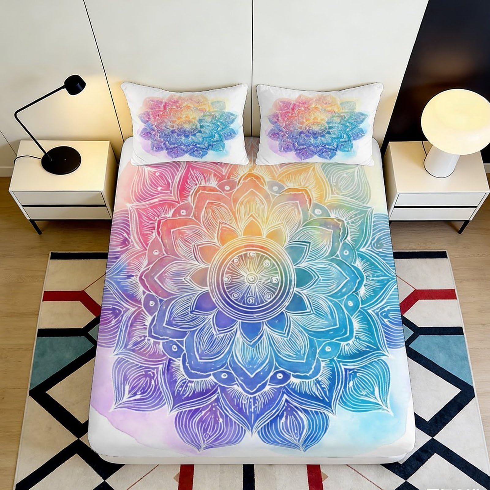 3D Printed Rainbow Mandala Fitted Sheet Microfiber Soft Bedroom Decor Lotus Blossom Mattress Cover for Home Dorm 90x200x25cm