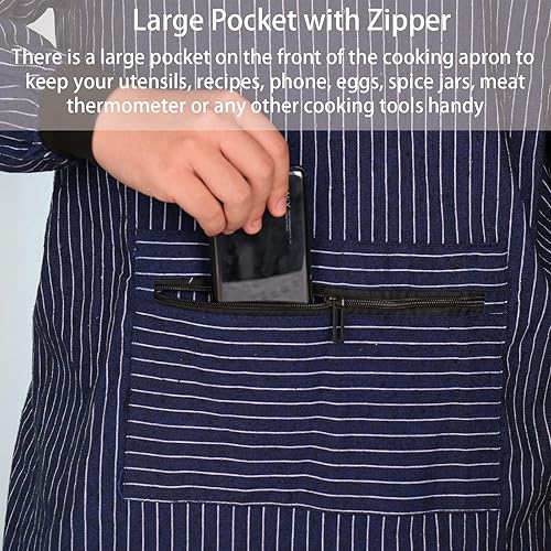 Miniatura 3 de Delantales de algodón de manga larga a rayas para trabajos de limpieza, delantal de manga larga con bolsillos con cremallera, delantal a rayas para