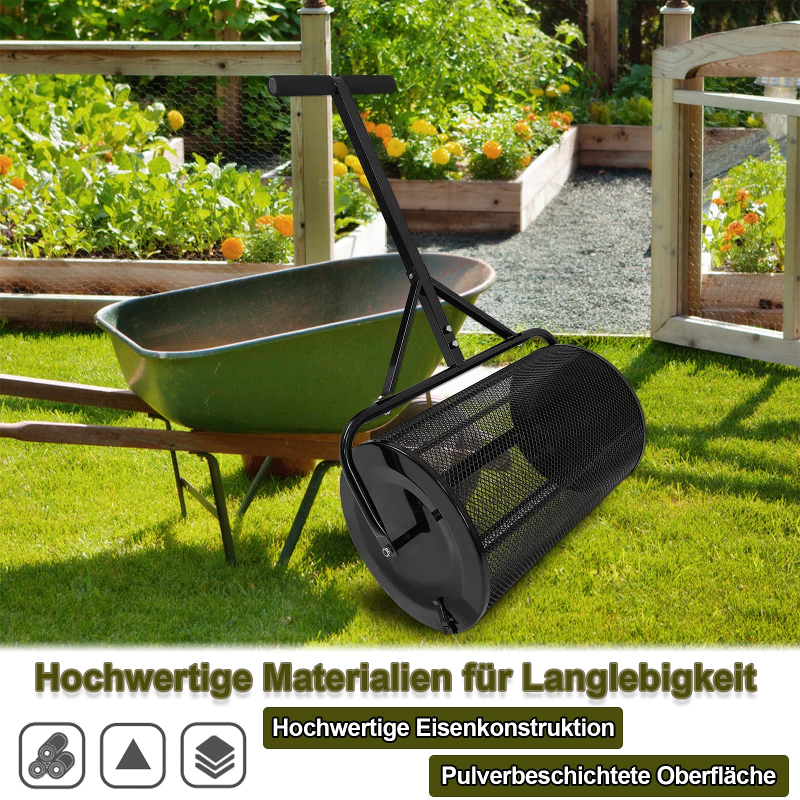 Spargitore per compost, da giardino con cestello in metallo da 65 x 40 cm e manico a T, 80 l, spargitore per semi da giardino (nero)