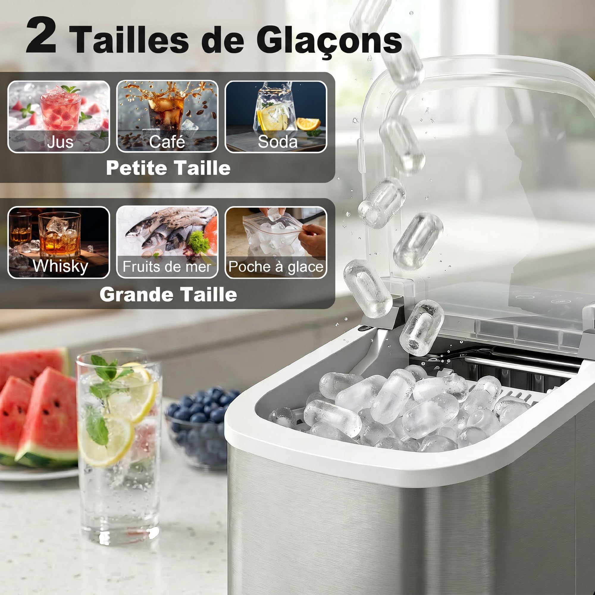 HOMCOM Machine à glaçons, 12kg en 24h, 9 glaçons en 7 minutes, ice maker portable avec fonction autonettoyante, panier et pelle, machine à glaçons pour maison, cuisine, bureau, bar, argent