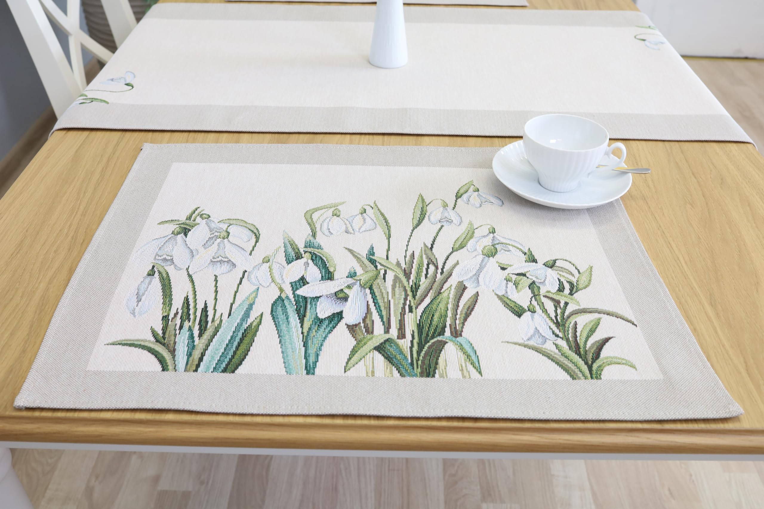 Tischsets Platzsets Abwaschbar 6er Set, 40x50 cm, Platzdeckchen Stoff 100% Jacquard Gobelin, Untersetzer Teller Hochwertige Wiederverwendbare für Hochzeit, Geburtstag, Küchen, Cafe - Schneeglöckchen