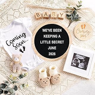 Pregnancy Announcement, Baby Announcement Ideas Set Include Letter Board, Baby Bodysuit, Booties, Sonogram Frame, Wooden Sign, Bear & Wood Blocks, Gender Reveal Photo Props Coming Soon Announcement