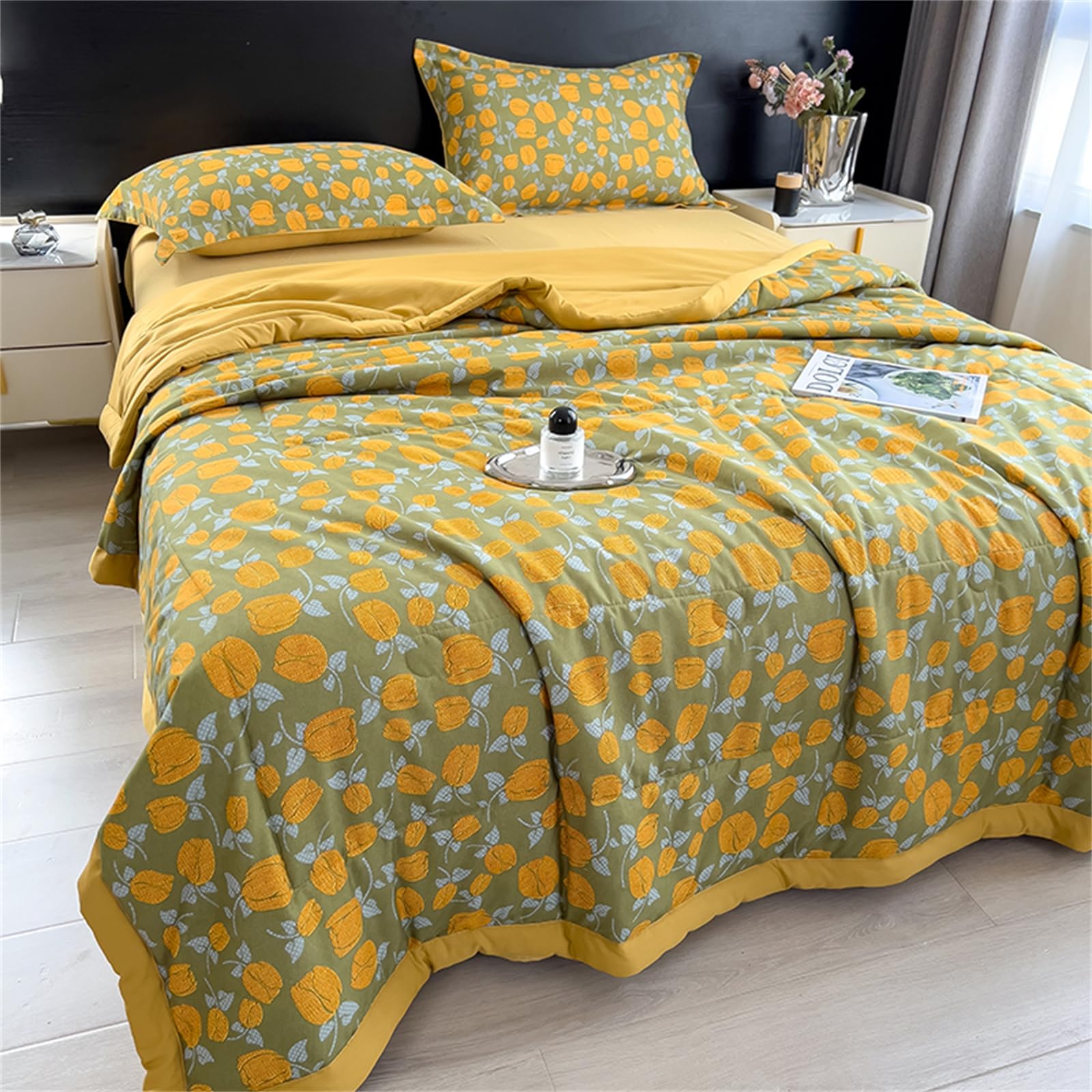 Highdi Summer Floral Print Reversible Bed Throws Quilted Bedspreads,Lightweight Patchwork Quilt Comforter Single Double,Cotton Throw Summer Quilt,Quilted Blanket All Seasons (Tulip,180x200cm)