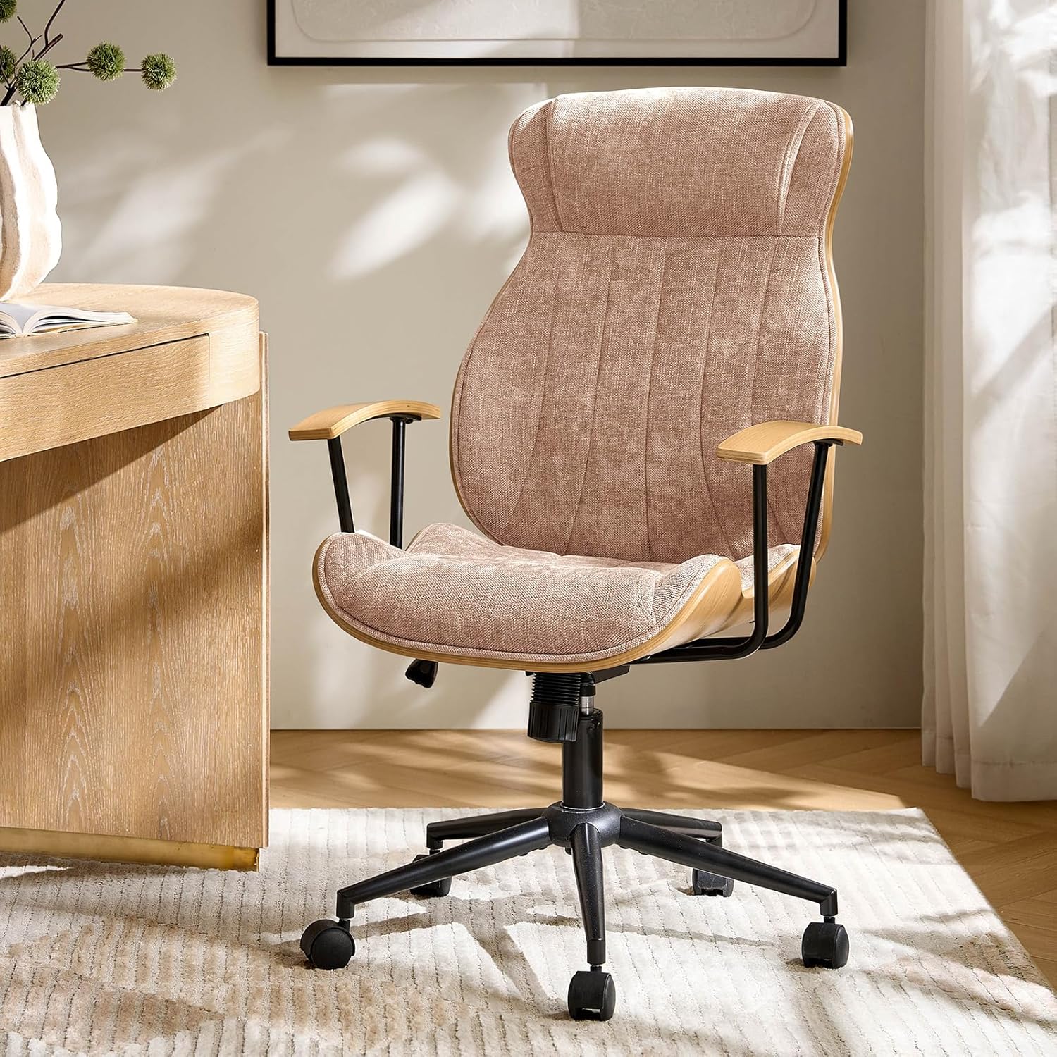 HULALA HOME Solid Wood Office Chair with Tilt Function, Mid Century Modern Bentwood Desk Chair with High Backrest, Height Adjustable Swivel Fabric Computer Task Chair, Spice