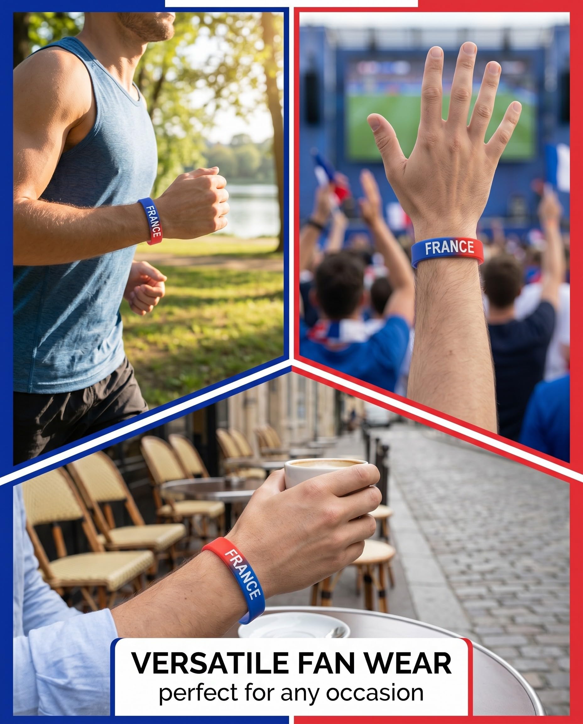 TISCH Bracelet Supporter France Lot de 10 Silicone Élastique Bleu Blanc Rouge CDM 2026. Soutien Équipe de France. Idéal Fans, Public Viewing & Stade. Robuste & Confortable.