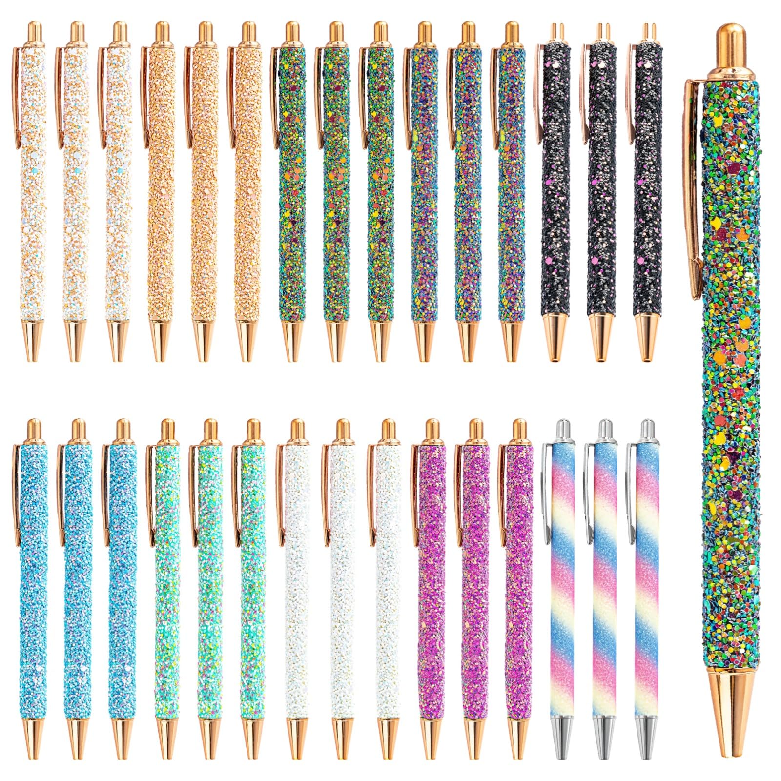 Generisch 30 penne a sfera glitterate con citazioni motivazionali, con clip in metallo, corpo glitterato, meccanismo a pressione, 10 colori vivaci, per casa e ufficio