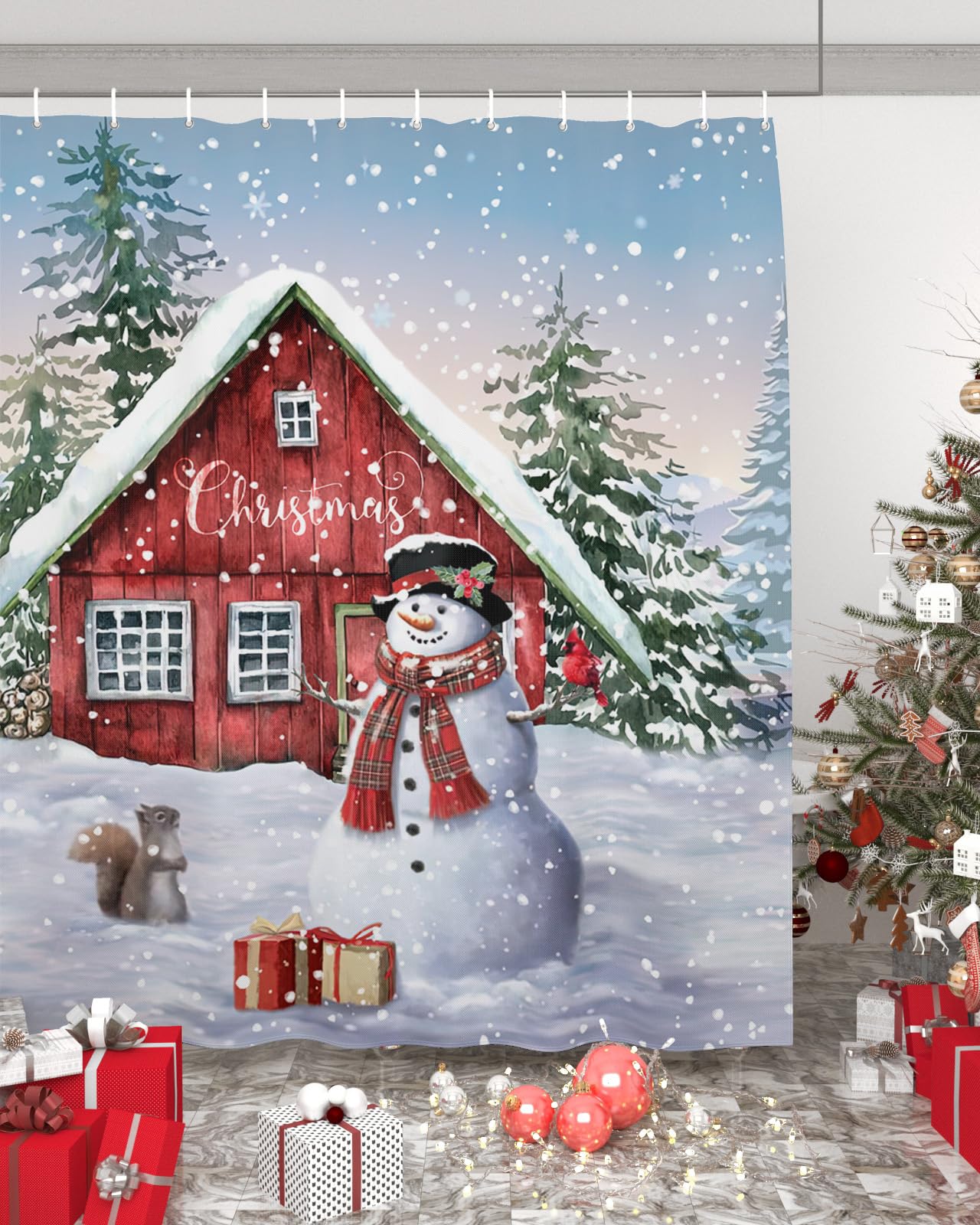 CHARMHOME Fabric Shower Curtain for Bathroom - Christmas Red Barn Snowman Snowflakes Bathroom Curtain Waterproof Curtains - Privacy Shower Curtain 72x72 Inch