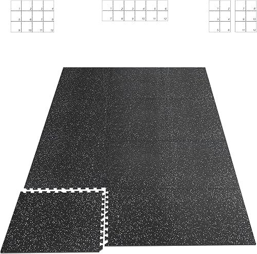 HAPBEAR 0.56'' Thick 12 Pcs 48 Sq Ft Exercise Equipment Mats - High-Density Rubber Top EVA Foam Interlocking Mats, 24x24in Tiles, Heavy-Duty