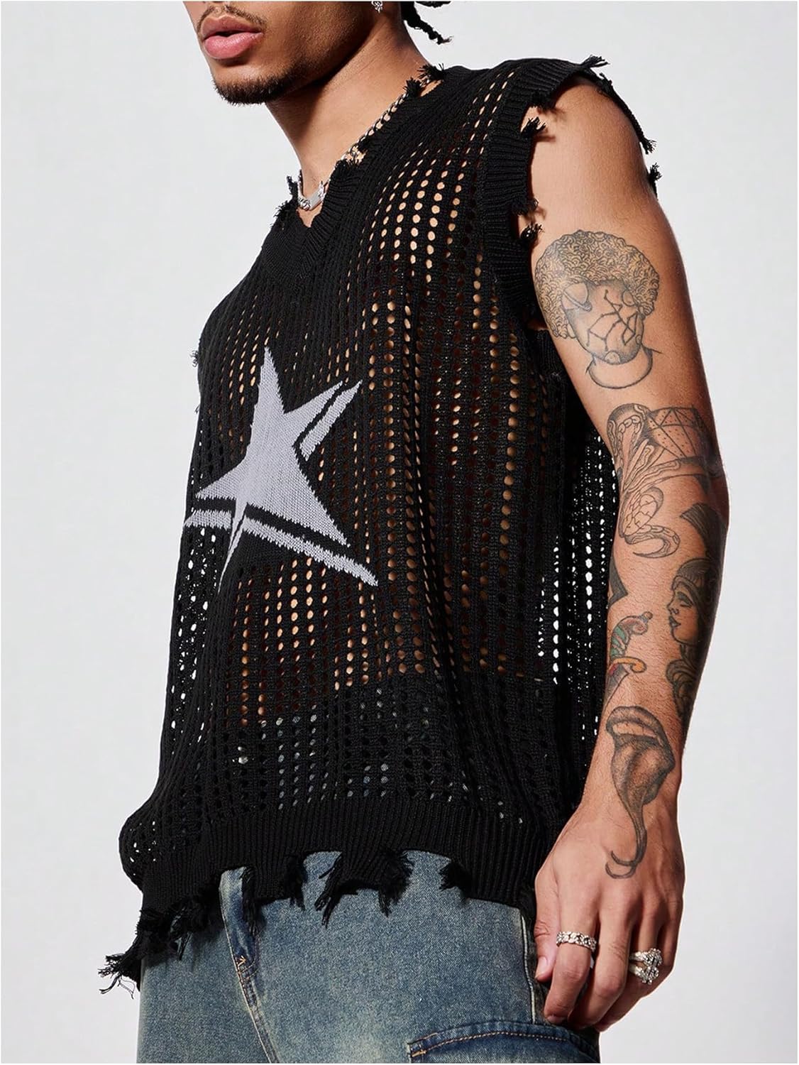 Verdusa Men's Sweater Vest Y2k Gothic Tops Sleeveless Shirts Raw Trim Knitted Sheer Crochet Pullover Top - Image 5