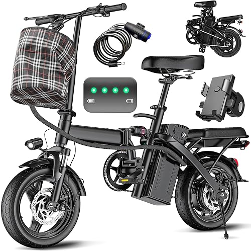 Bicicleta eléctrica para adultos y adolescentes, bicicleta eléctrica plegable, bicicleta eléctrica plegable para la ciudad con motor de 560 W, batería de 48 V 10 Ah, asistencia de pedal de 3 niveles de 24 MPH, frenos de disco dobles, bicicleta eléctrica compacta de 14 pulgadas con pedales
