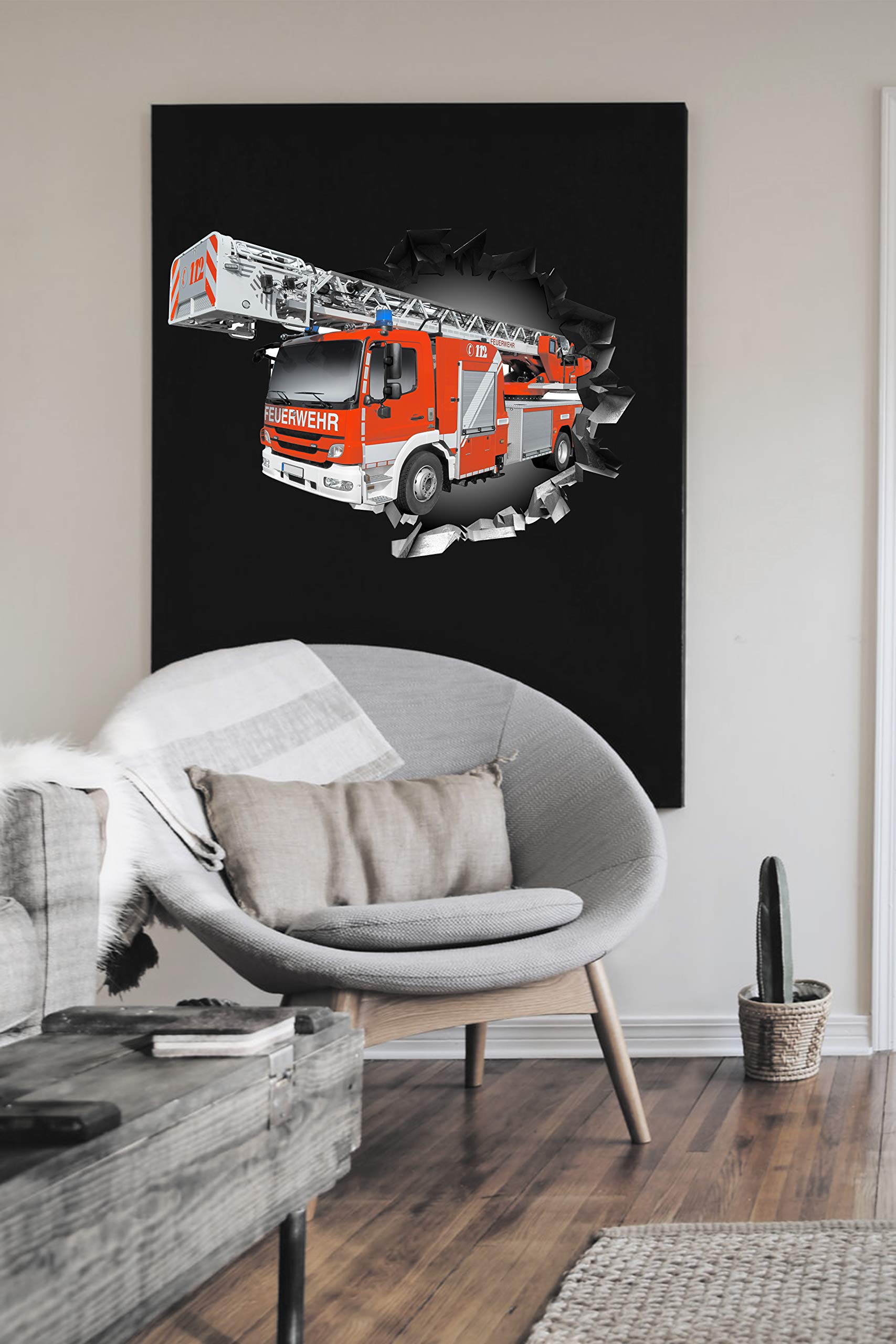 BLACK LABEL GRAFX® Wandtattoo Aufkleber WallArtML215 Wandbild Feuerwehr Auto Fire Mauerloch 3D Effekt verschiedene Größen Deko Wohnung Wohnzimmer Schlafzimmer Bad Kinderzimmer (82 x 57 cm)