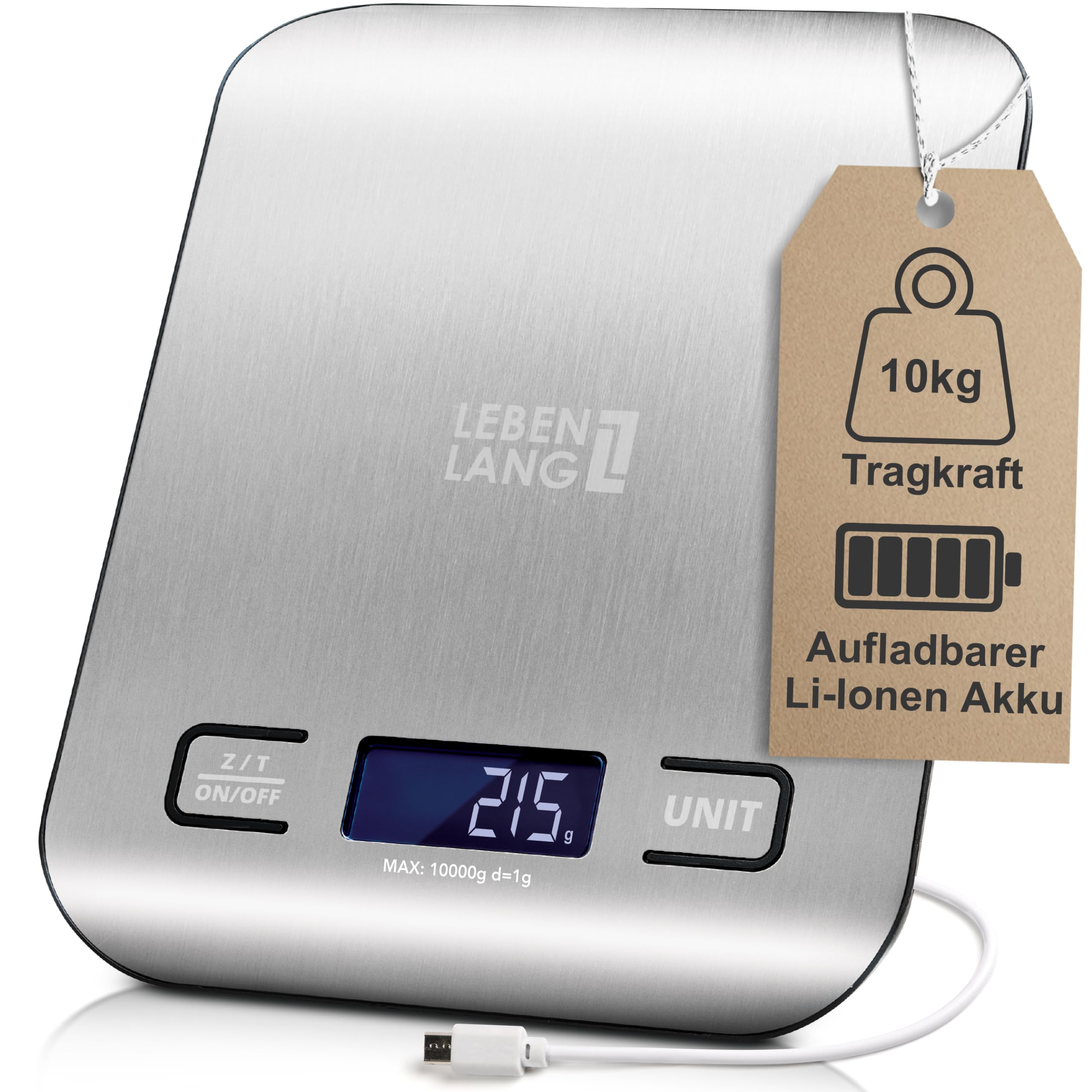 LEBENLANG Digitale Küchenwaage USB aufladbar - Bis 10Kg inkl. Ladekabel I Präzise Küchenwage Food & Kitchen scale Küchenwaagen I Kuchenwaage Lebensmittelwaage Essenswaage Kleine Küchenwaage 1g genau