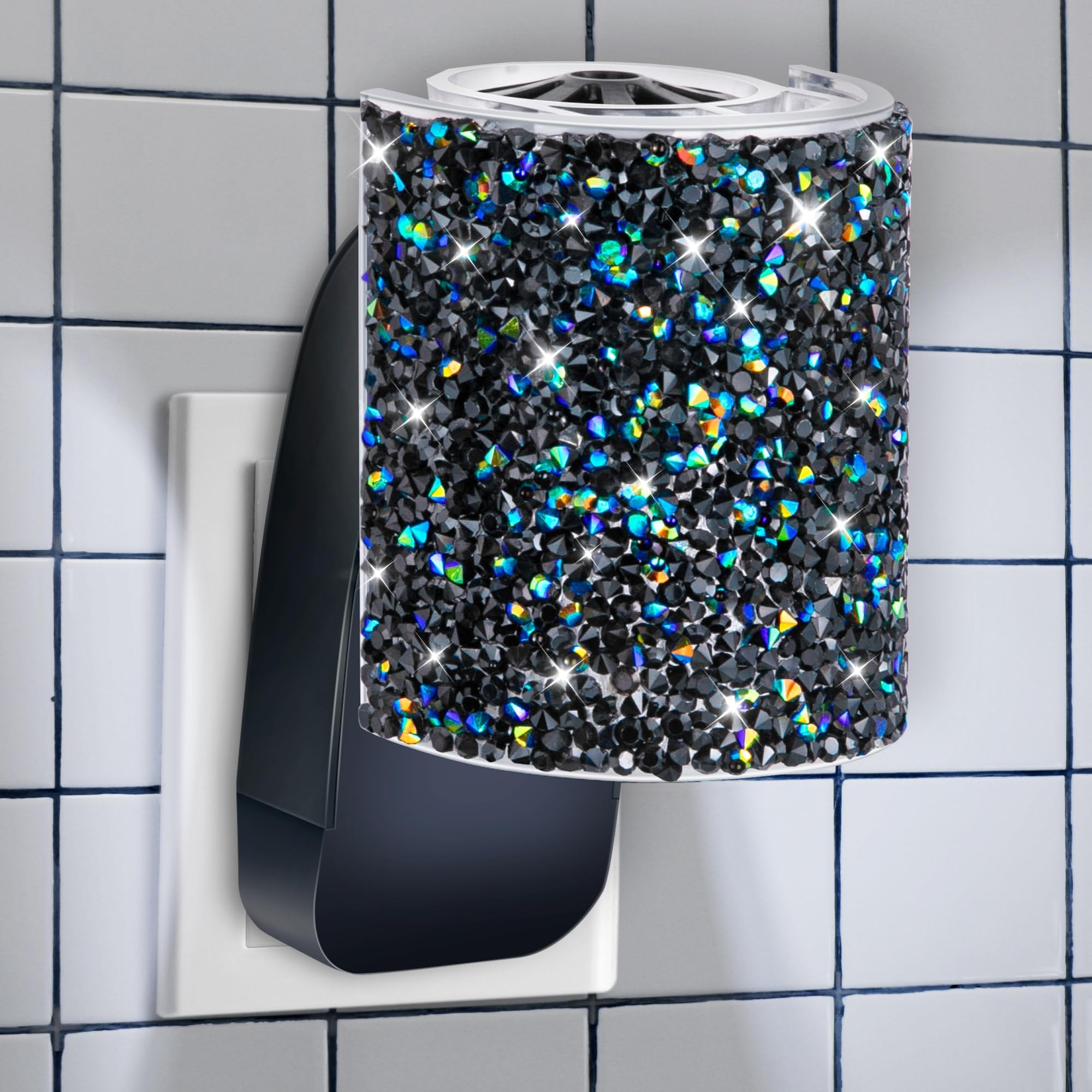 Wall Fragrance Plug in with Night Light, Compatible with Bath & Body Works WallFlower Fragrance, Wall Plug Essential Oil Diffuser with Nightlight for Home, Office, Round Rhinestone (Black)