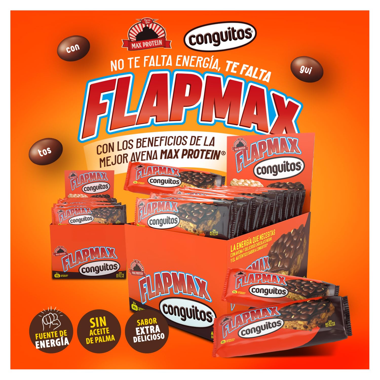 MAX PROTEIN - Barritas Energeticas FLAPMAX Conguitos Dark - Pack 20 Barritas x 80 gr - Barritas de Avena y Cacahuetes con Conguitos - Barrita Pre Entrenamiento o Sustitutivas