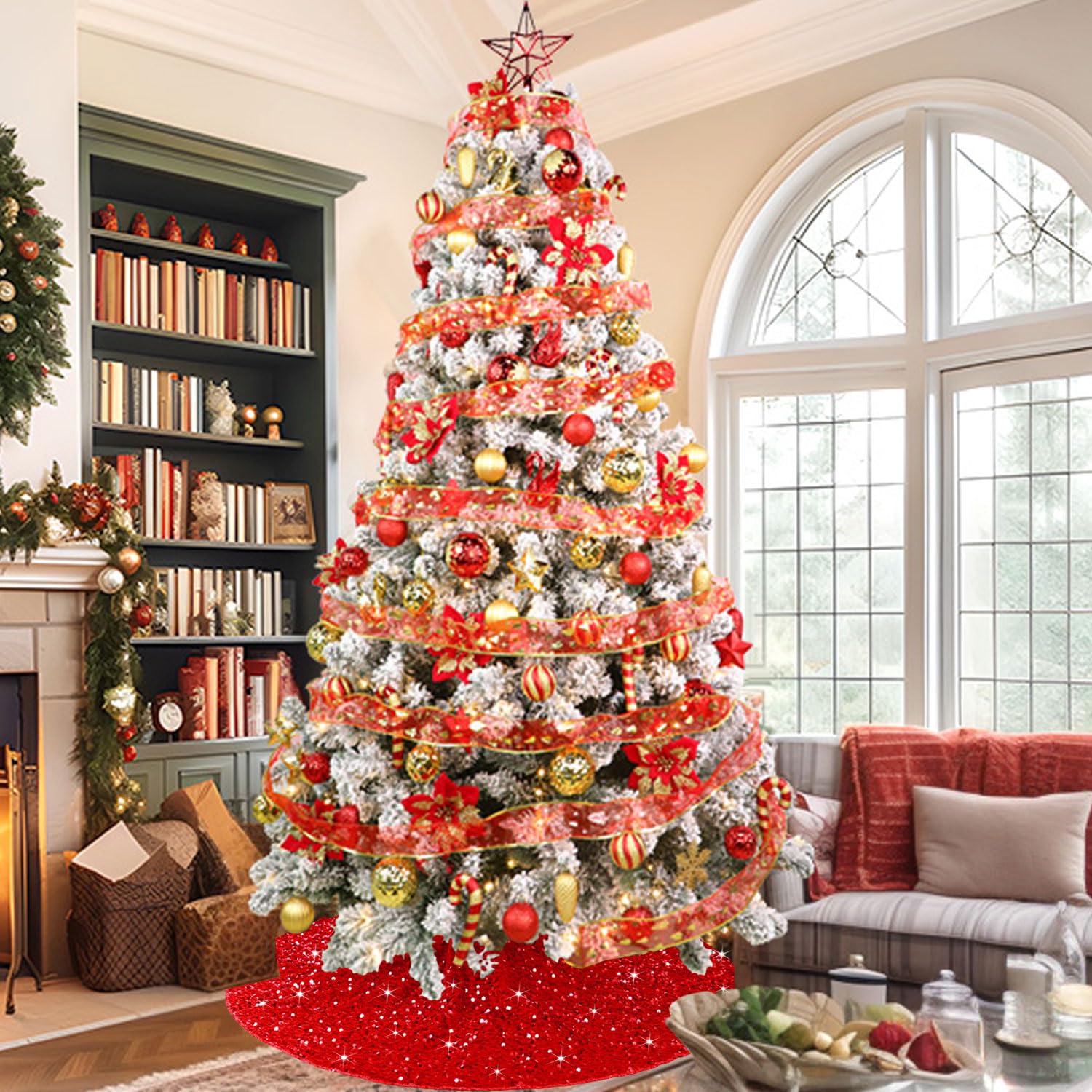 Gonna Per Albero Di Natale In Velluto Con Paillettes - Diametro 117 Cm, Colore Bordeaux, Per Albero 1,8 M