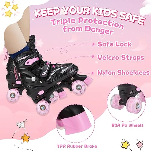 Miniatura 3 de Patines para niños de 3 a 12 años, 4 tamaños ajustables para niños con 8 ruedas iluminadas, patines para niñas Rosa (Sakura