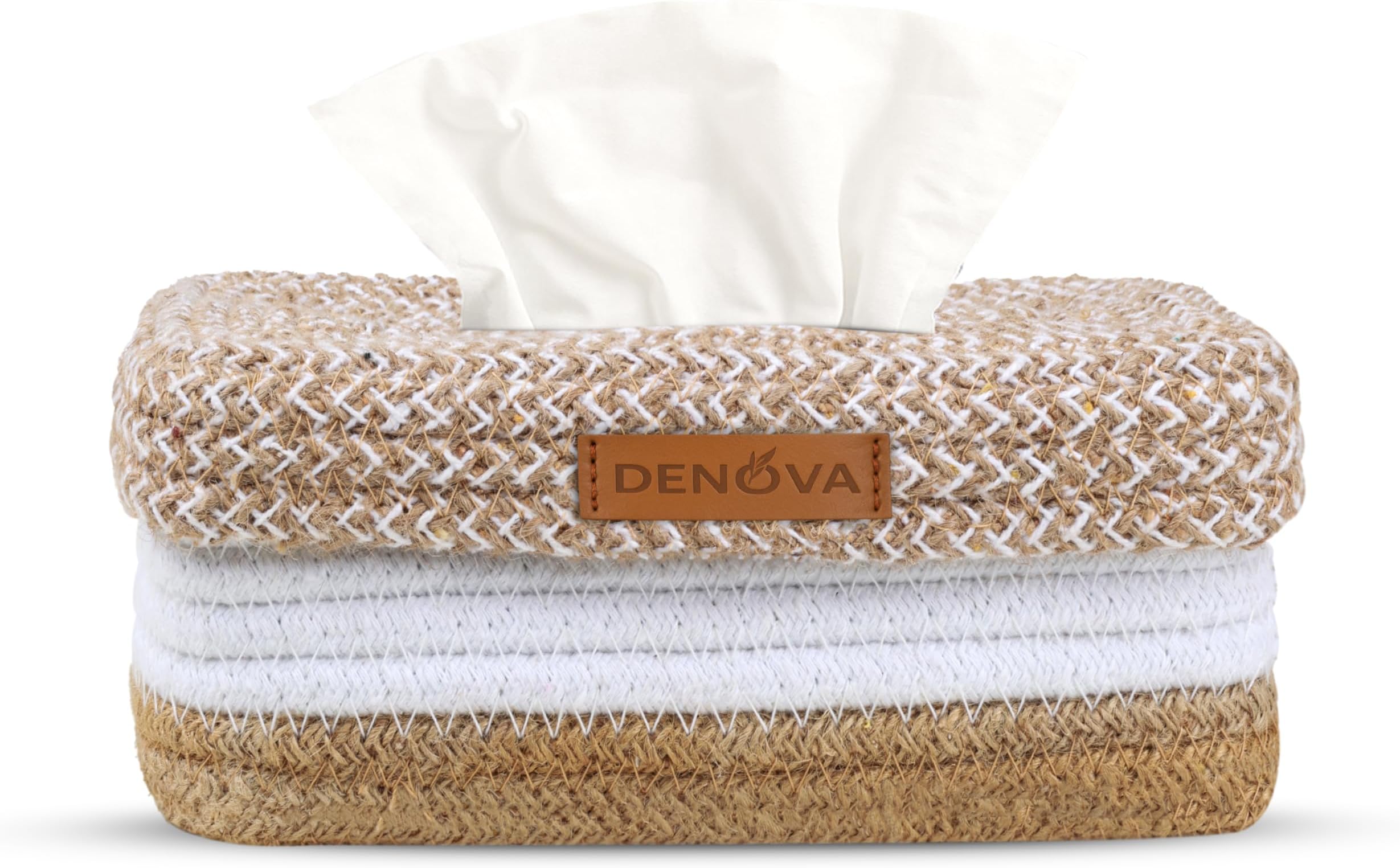 DENOVA Cotton Tissue Box Holder | Rectangular Facial Tissue Box Holder | Tissue Dispenser for Home/Office/Car (26X16X7 Cm, Natural + White)