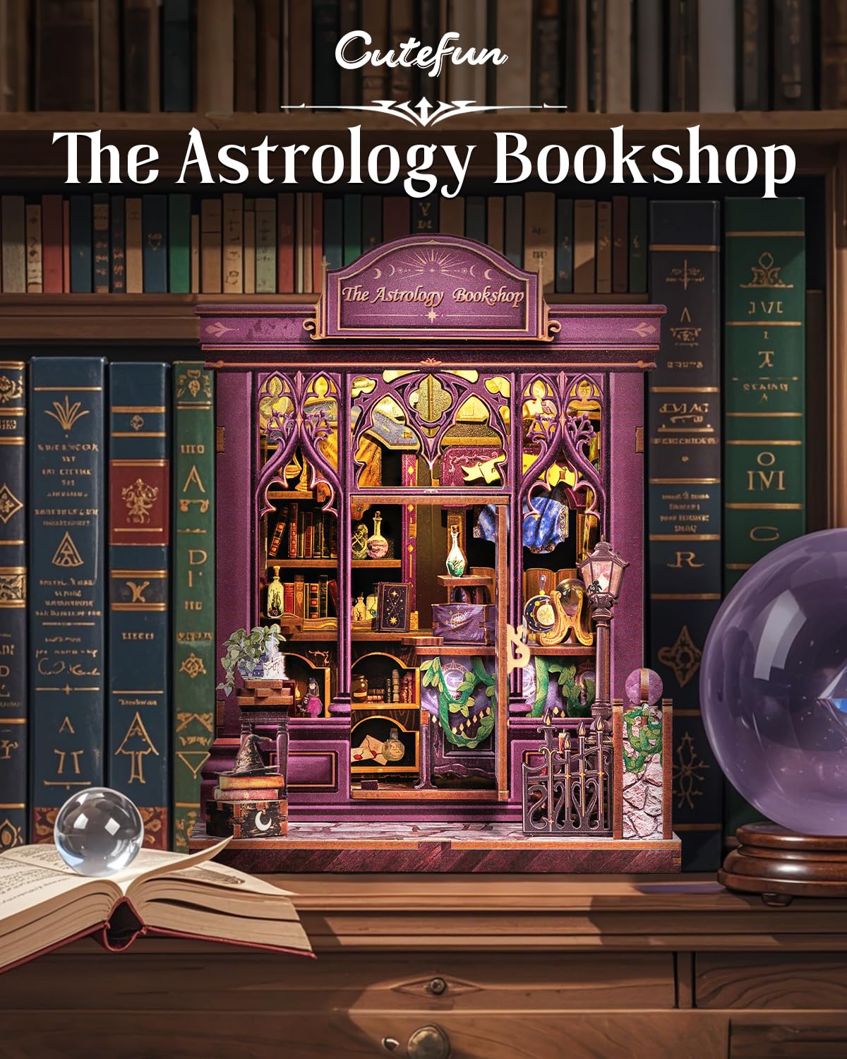 Cutefun Book Nook Kit - Kit DIY Case delle bambole in miniatura per adulti, puzzle 3D in legno con LED, Regalo Creativo per Adulti e Adolescenti (libreria astrologica)