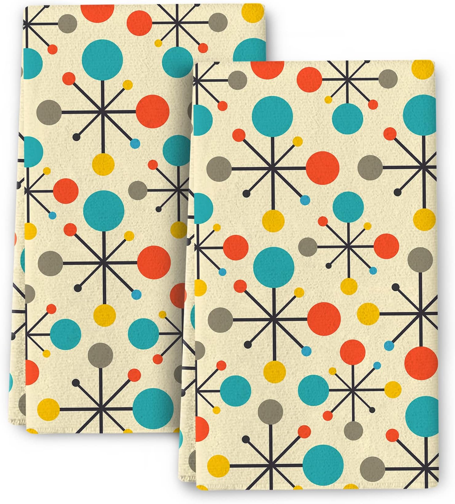 Mid Century Fifties Modern Atomic Retro Colors Kitchen Dish Towel Set of 2 Soft Absorbent Decorative Hand Towels Yellow Tea Towels Farmhouse Bathroom Holiday Home Decor 16"x24"