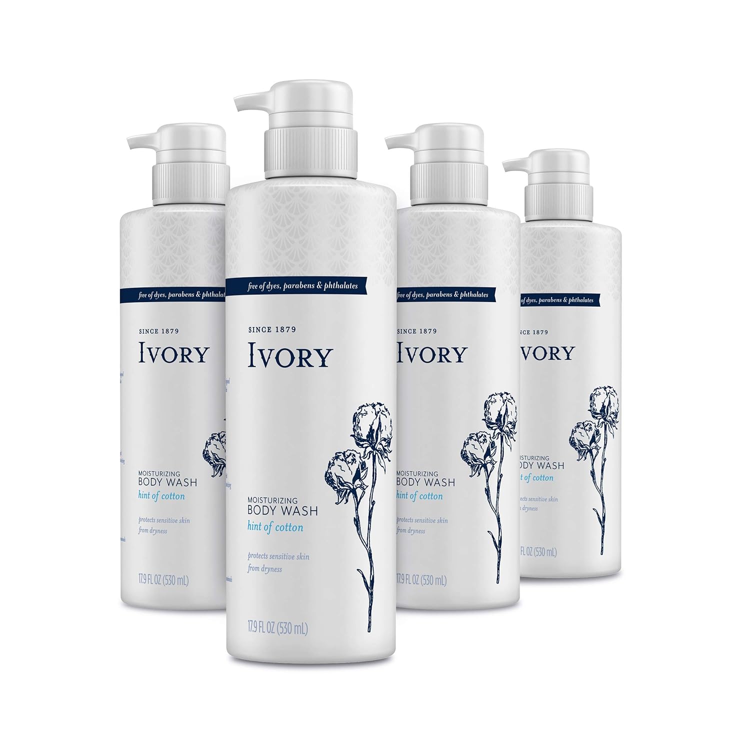 Ivory Sensitive Skin Moisturizing Body Wash, Hint of Cotton, 17.9 Fl Oz (Pack of 4