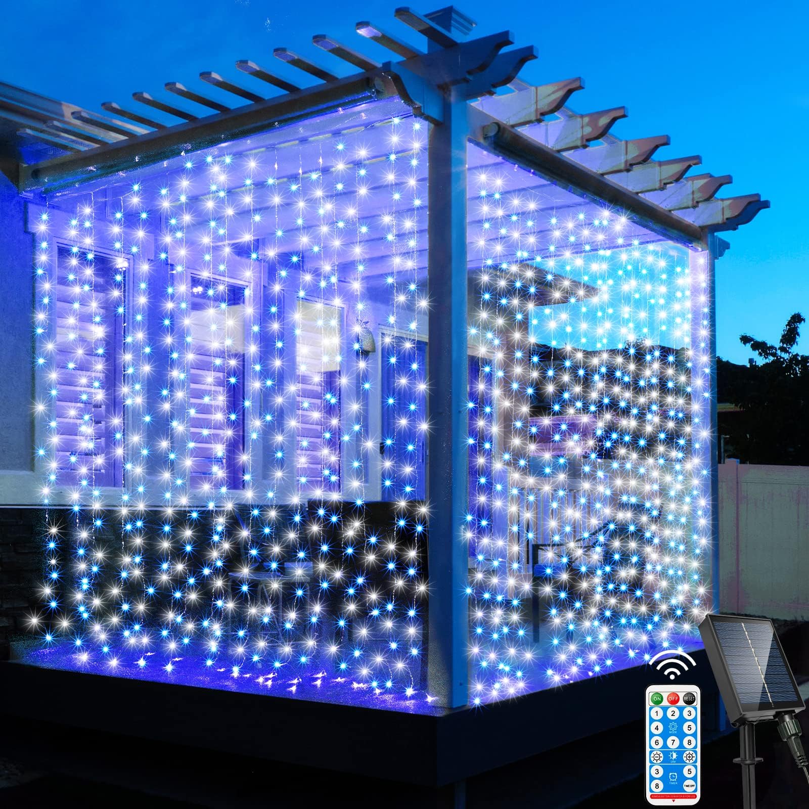 Solar Curtain Lights Outdoor, 300LED Blue White Remote Control Curtain Fairy Lights Solar Powered, 8 Modes IP65 Waterproof Solar Garden Lights with 1200mAH Battery&Timer for Patio, Garden Decoration