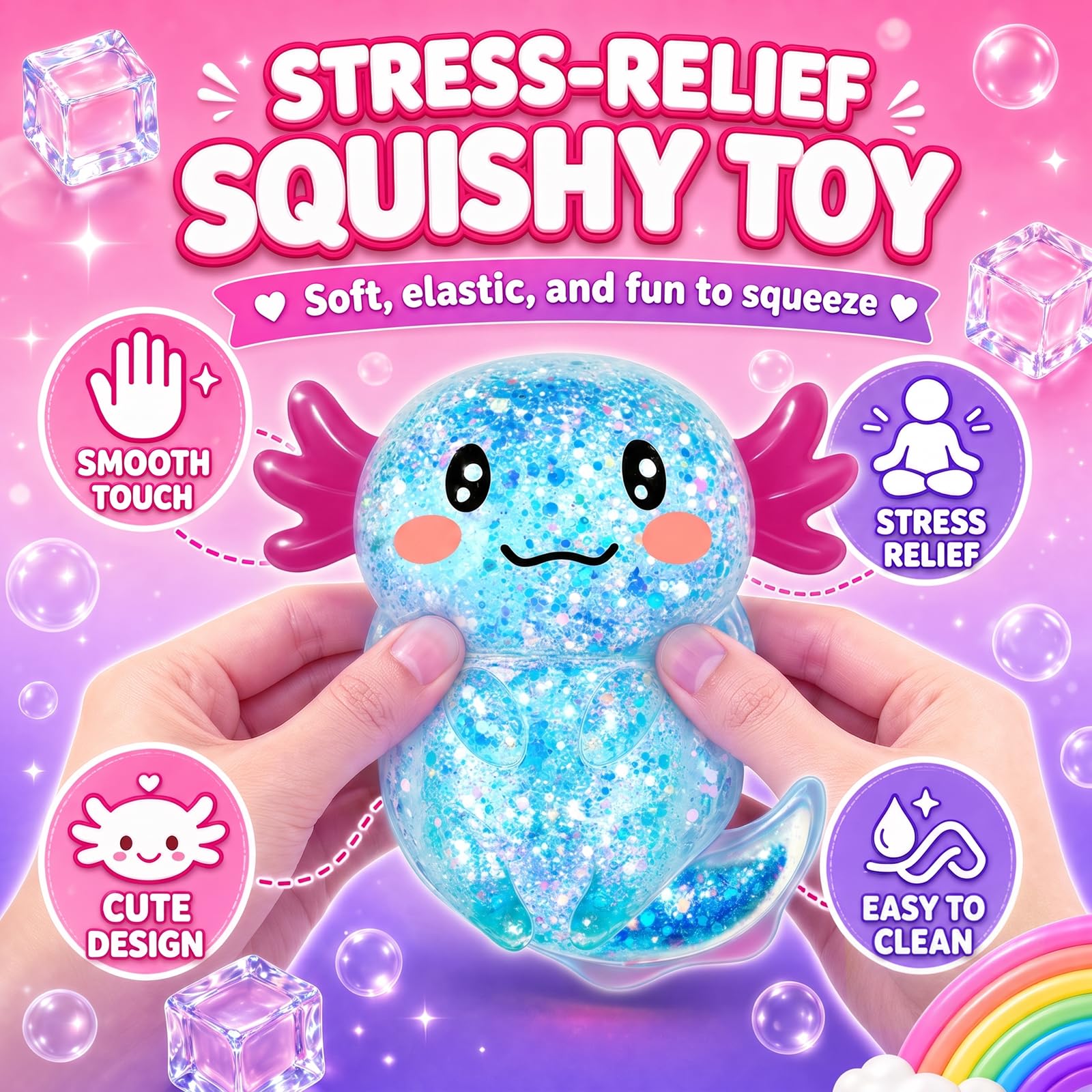 Sezua Pelota estrujable para aliviar el estrés, juguetes sensoriales de ajolote para apretar, juguetes sensoriales de ajolote, juguetes para adultos y niños, regalo de salamandra con purpurina para