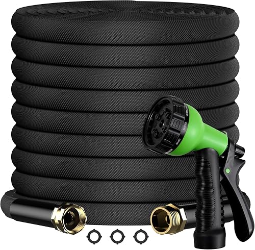 100FT Non-Expandable Flat Garden Hose with 10 Function Nozzle,No-Kink,Black