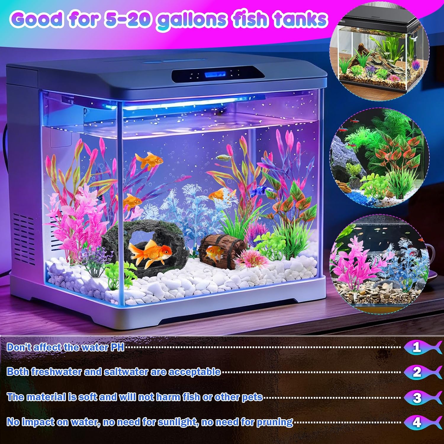 QUOZUO 16 Pcs Aquarium Artificial Plastic Plants Decorations and Broken Barrels Set, Colorful Fish Tank Accessories Hideout Ornaments Aquarium Decor Set image 5