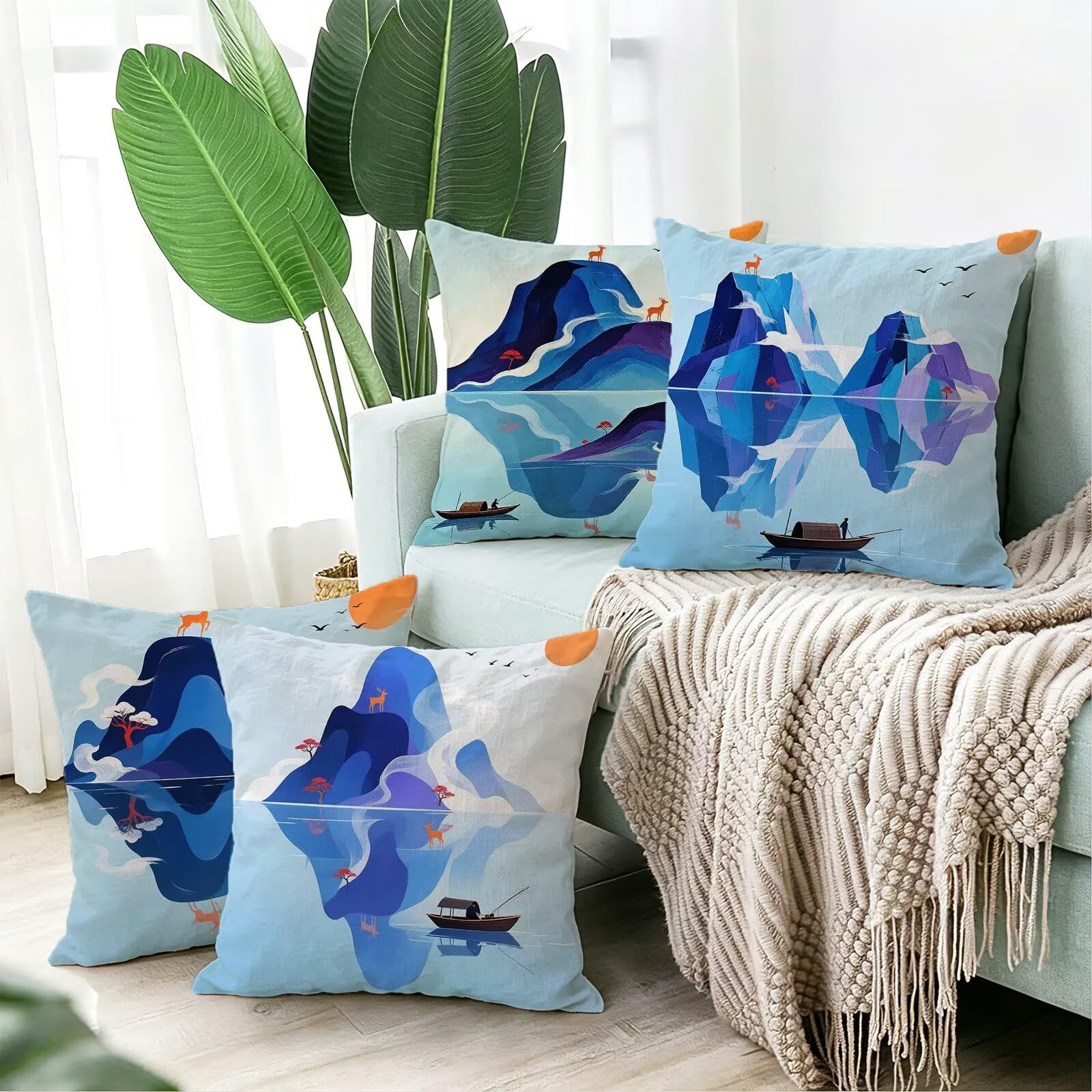 Blu Federe Cuscini Divano 50x50cm, Cuscini da Esterno Set de 4, Cod-93 | Velour Copricuscini Decorativi Letto Arredo, per Letto, Soggiorno, Giardino, Esterno, Casa Decorazione Set di 4 Paesaggio